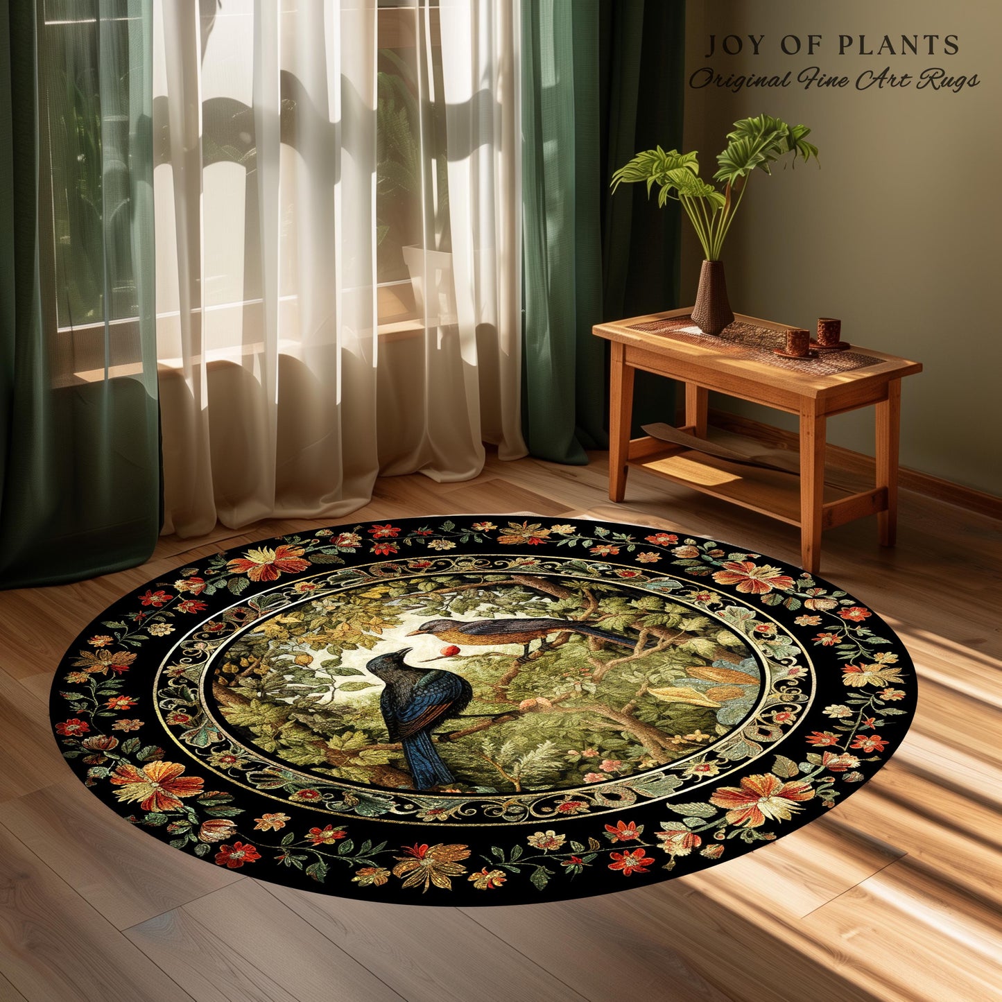 Crowcore Forest Round Raven Rug Bedroom Decor Morris Inspired Victorian Room Dark Academia Style, Mystical Woodland Birds Cottagecore Accent