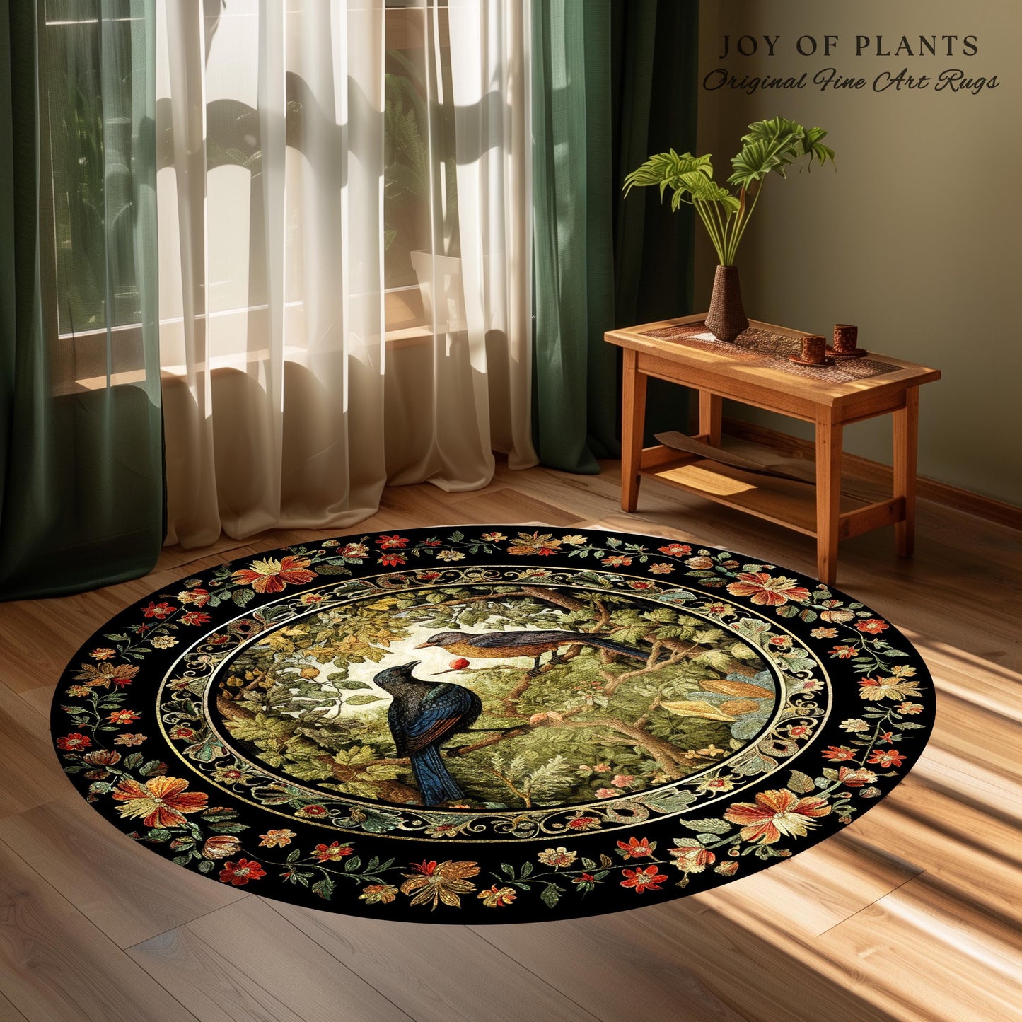 Crowcore Forest Round Raven Rug Bedroom Decor Morris Inspired Victorian Room Dark Academia Style, Mystical Woodland Birds Cottagecore Accent