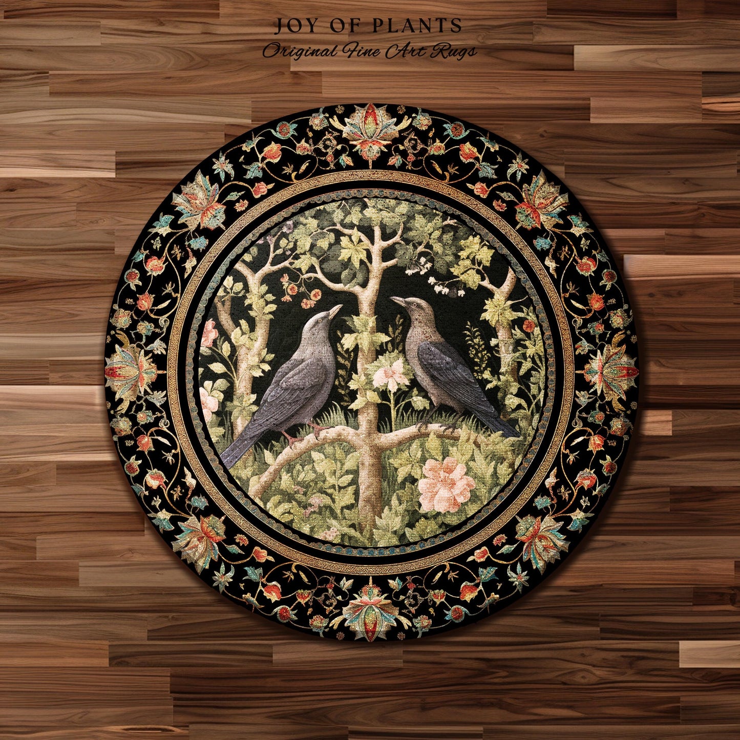 Woodland Forest Round Crow Rug, Eclectic Bedroom Decor Morris Inspired Cottagecore Room Soft Academia Style Rug Mystical Forest Crowcore Art