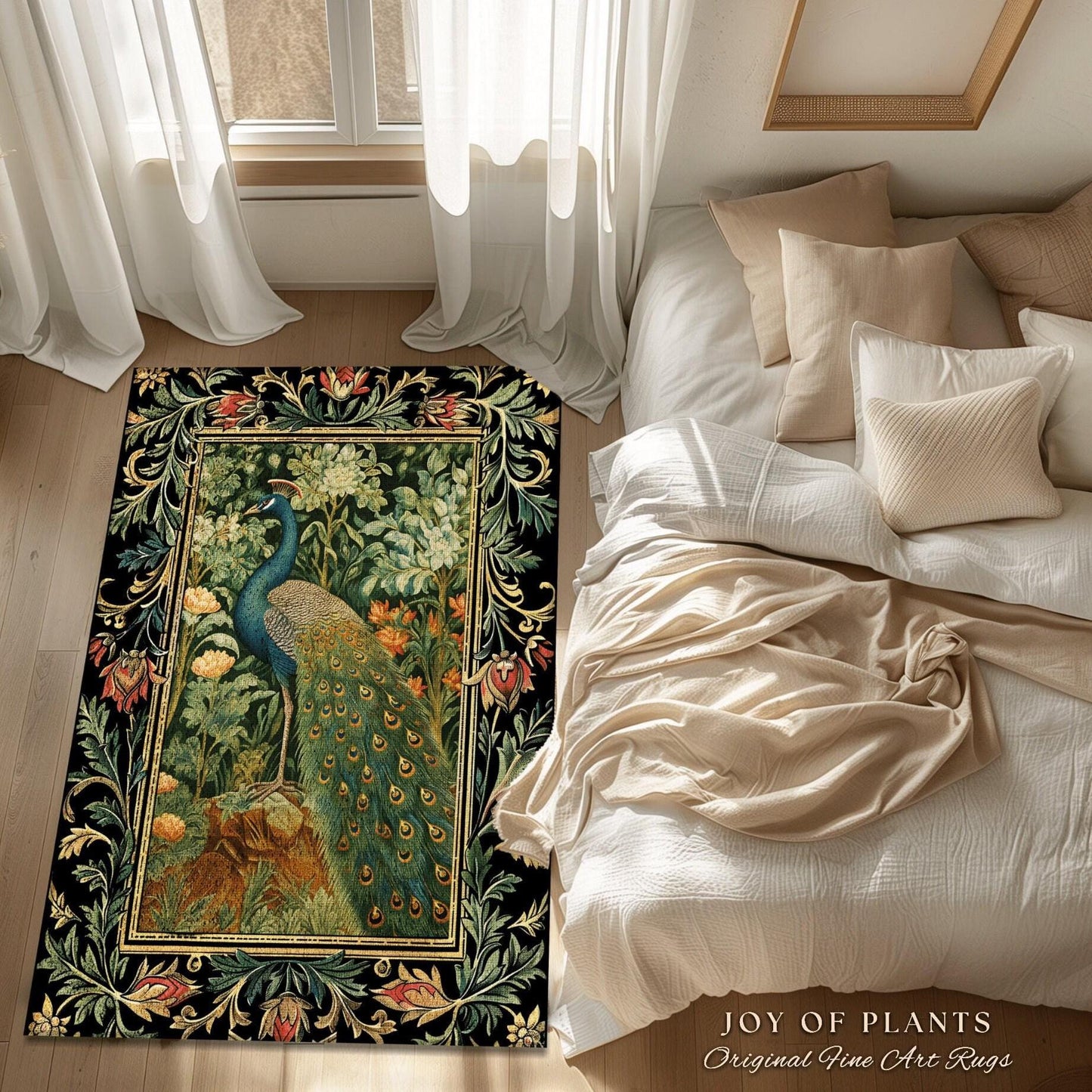 Peacock Area Rug Botanical | Floral Bedroom Decor William Morris Style Cottagecore Room Dark Academia Royalcore Rug Mystical Crowcore Art |