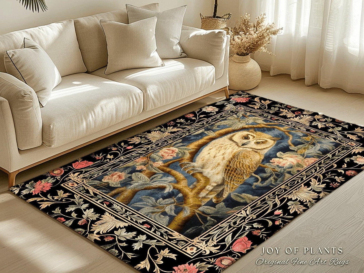 Pastel Owl Home Decor Rug | Ethereal Bedroom William Morris Inspired Cottagecore Owl Whimsical Room Soft Aesthetic Light Academia Style