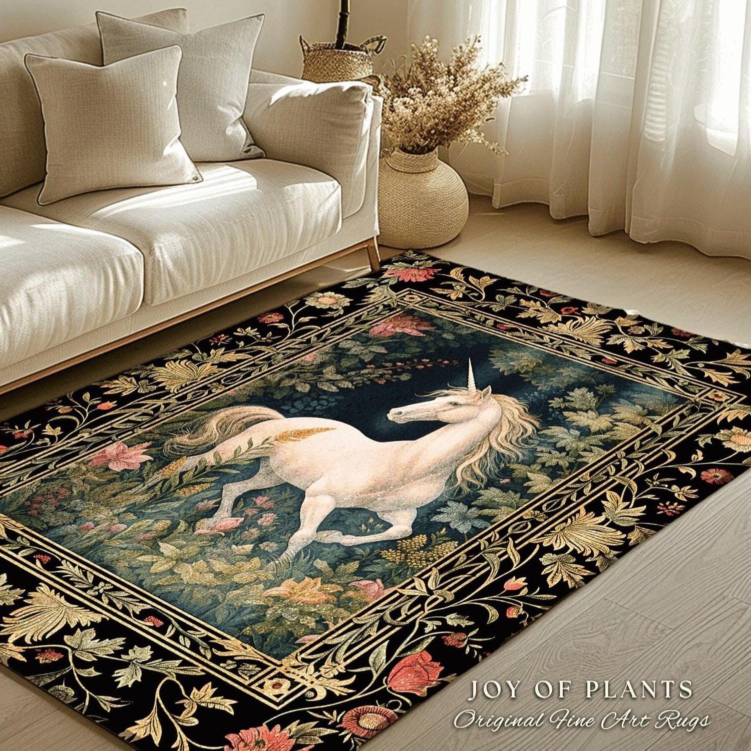 Folk Art Unicorn Area Rug | Princesscore Bedroom Decor William Morris Inspired Cottagecore Room Light Academia Style Rug Mystical Folklore