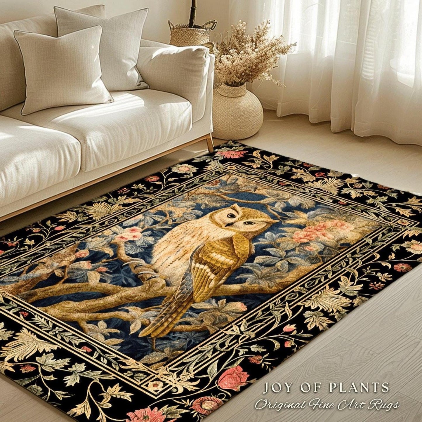 Whimsical Woodland Gothic Owl Rug Cottagegoth Decor | Boho Fairycore Botanical Decor Vintage Aesthetic Bird Lovers Gift Housewarming Owl Rug