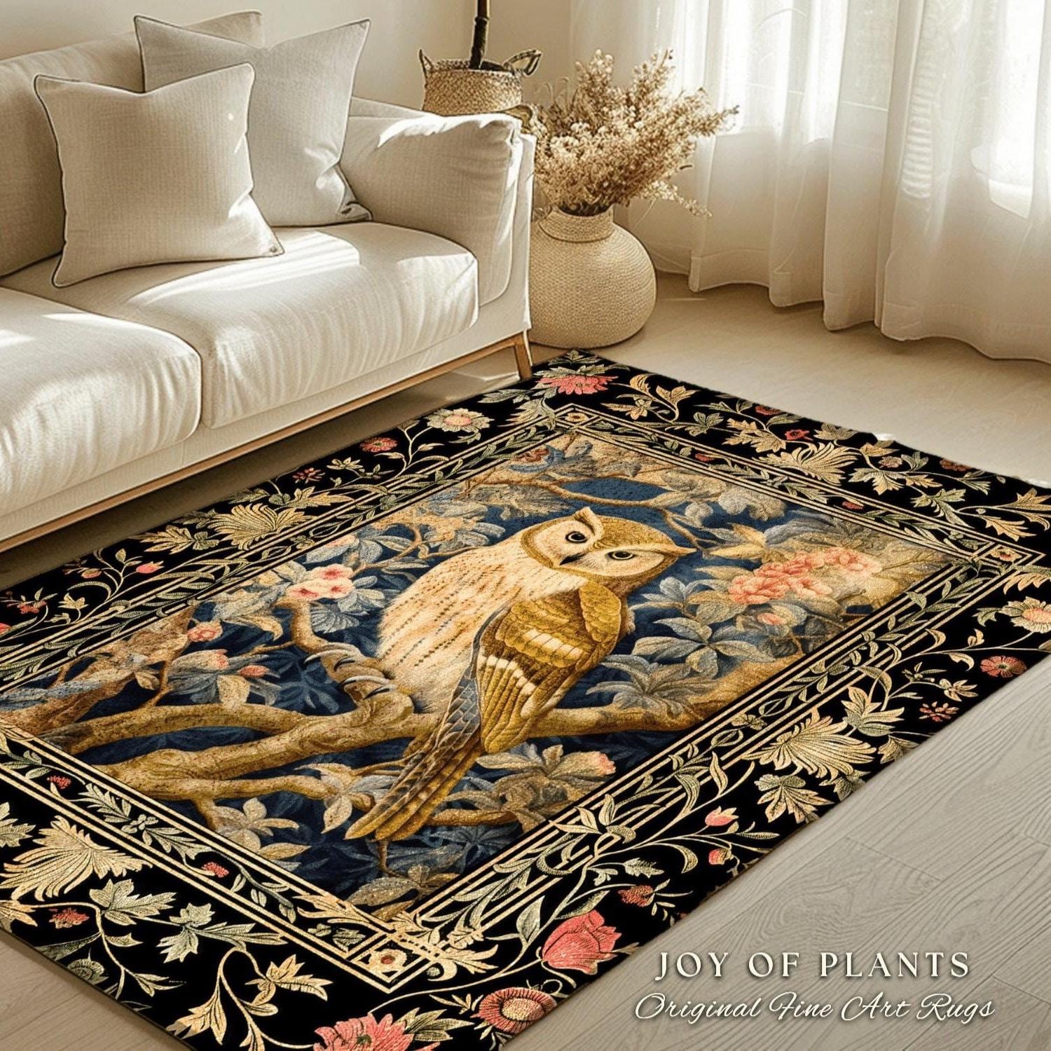 Whimsical Woodland Gothic Owl Rug Cottagegoth Decor | Boho Fairycore Botanical Decor Vintage Aesthetic Bird Lovers Gift Housewarming Owl Rug