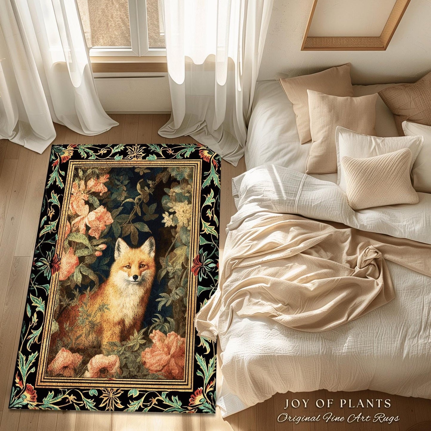 Fairycore Fox Area Rug | Ethereal Bedroom Decor William Morris Inspired Cottagecore Room Soft Aesthetic Light Academia Style Rug Mystical