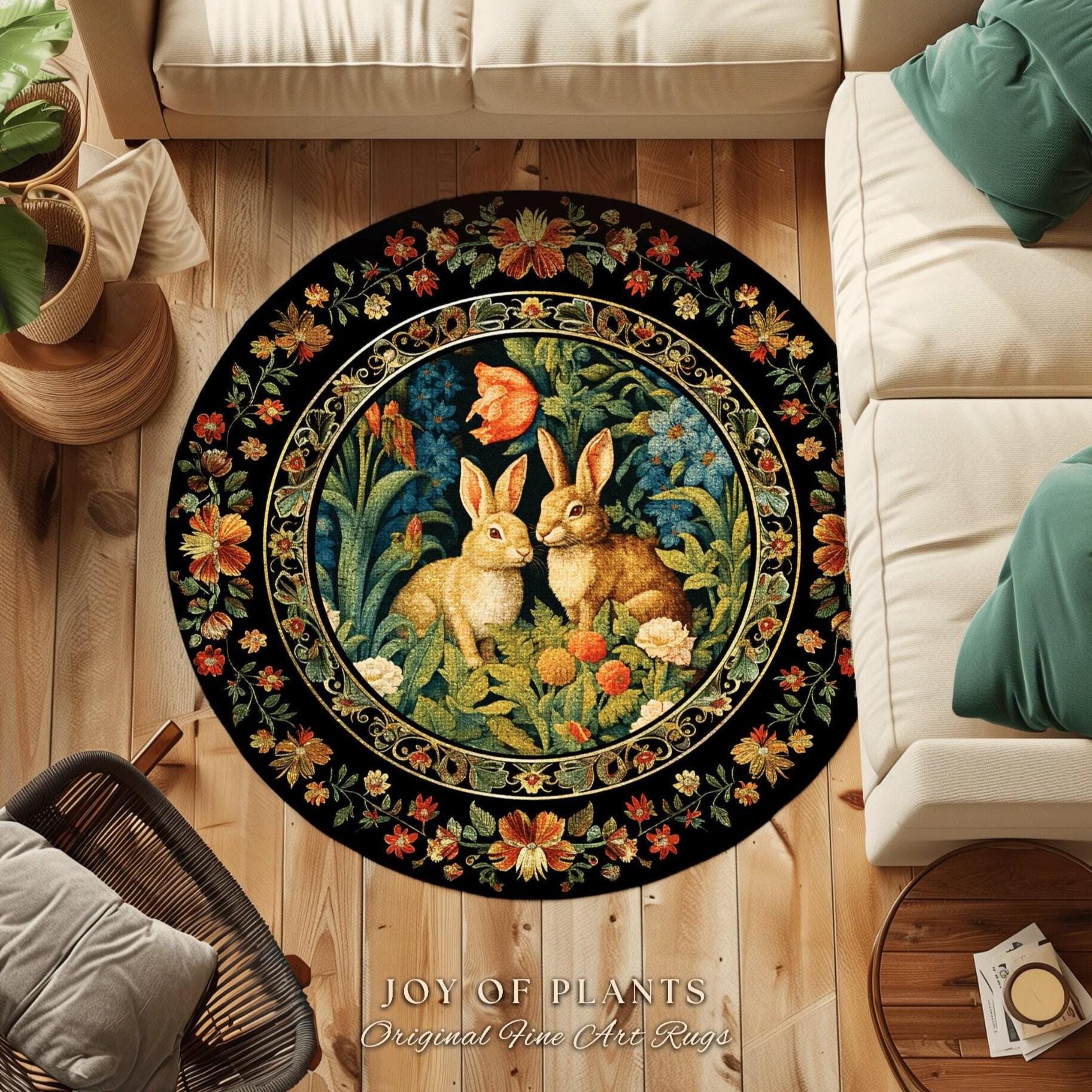 Bunnies in the Tulips Rug | Pastel Floral Bedroom Decor William Morris Inspired Cottagecore Room Light Academia Style Rug Mystical Home