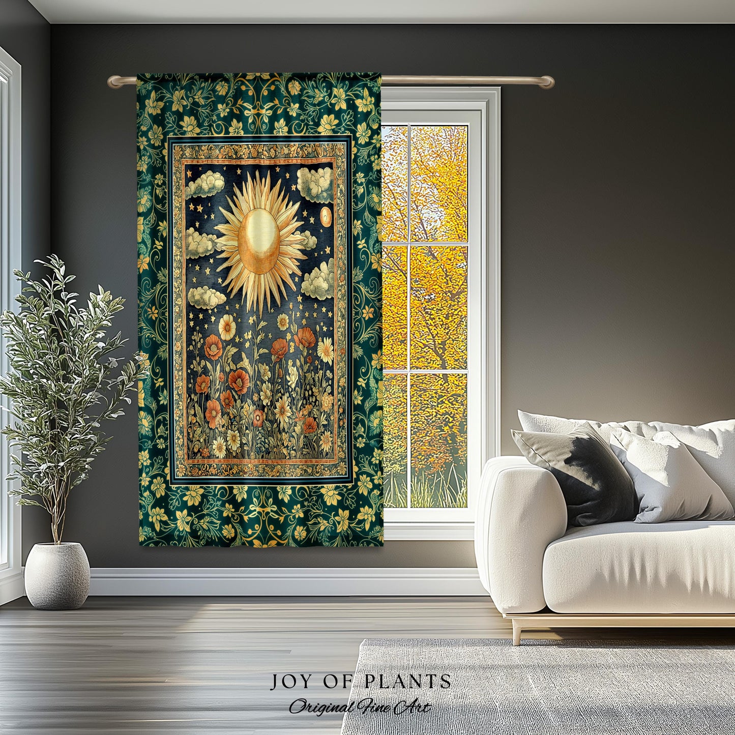 Maximalist Sun Goddess Curtain | Nature Botanical Drapes Floral Light Academia Spiritual Aesthetic Zodiac Theme Celestial Bedroom Decor |