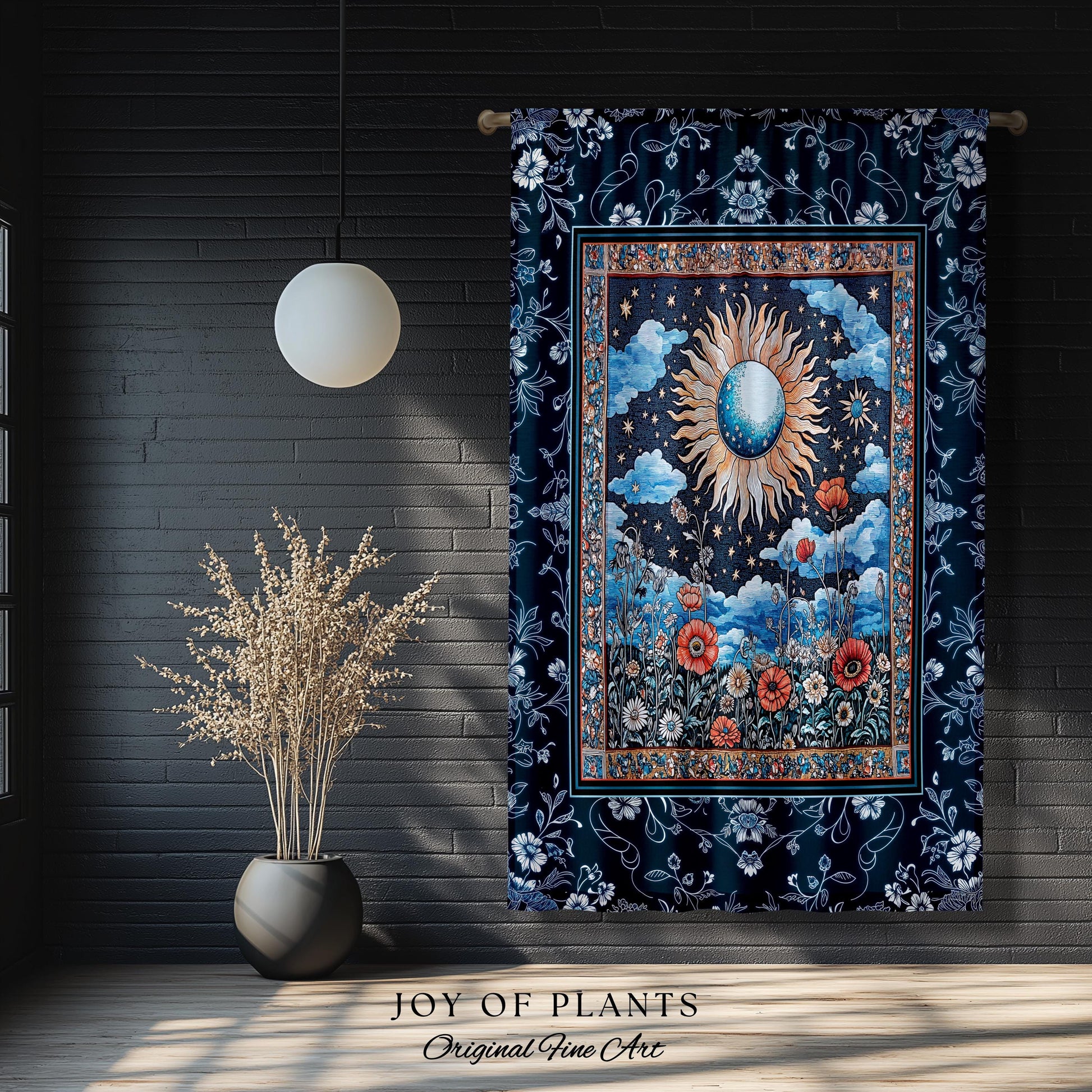 Retro Astrology Window Curtains | Whimsigothic Bedroom Maximalist Hippie Floral Woven Tapestry Psychedelic Cottagecore Ethereal Aesthetic |