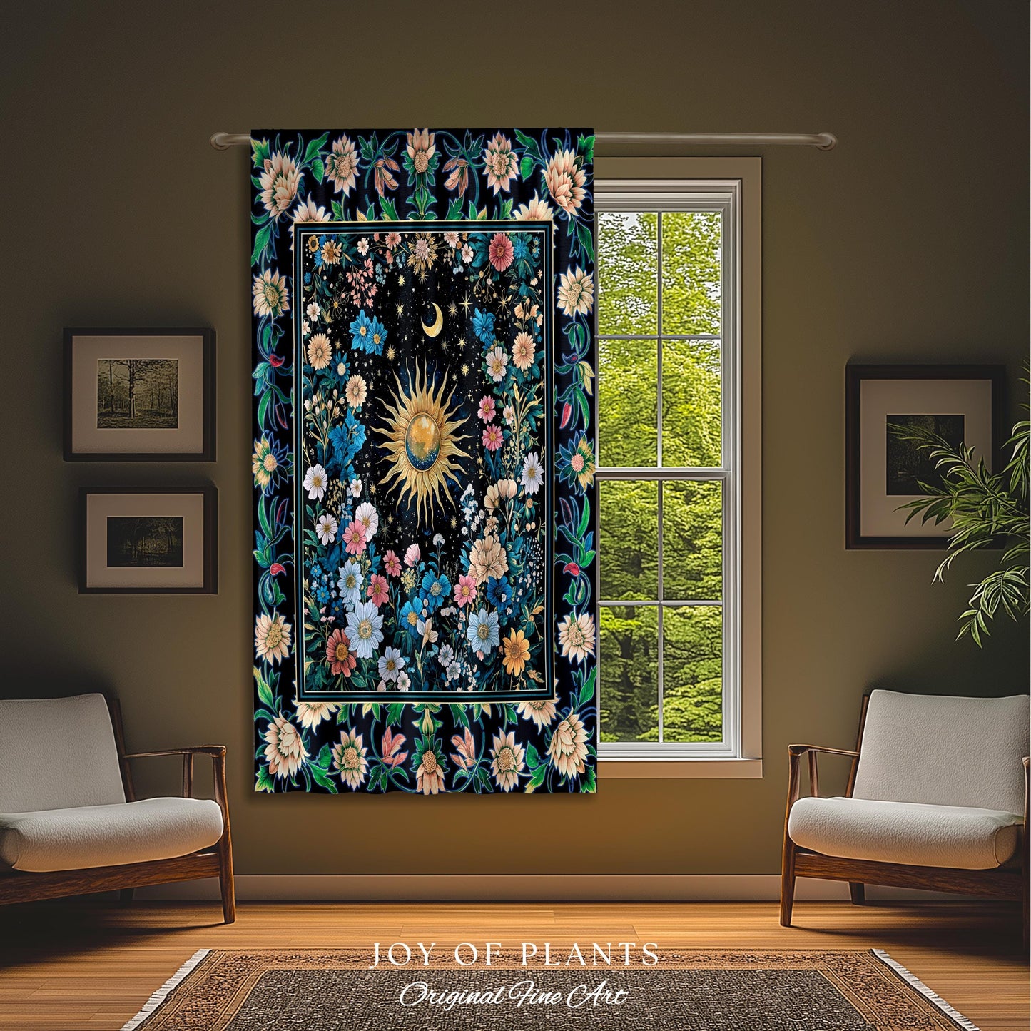 Colorful Maximalist Boho Sun Curtain | Whimsigothic Tarot Drapes Celestial Spiritual Decor Bohemian Indie Bedroom Sun and Moon Cozy Nursery