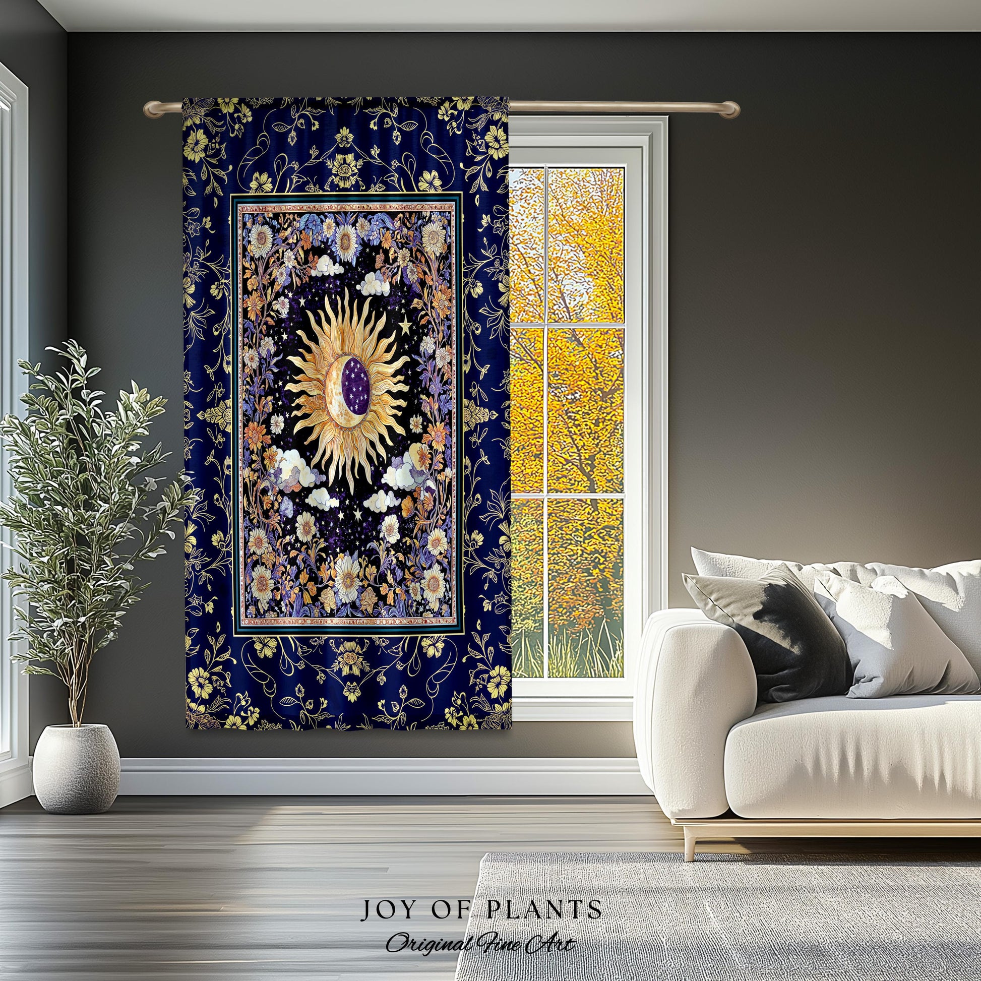 Cosmic Whimsy Fairycore Curtain | Ethereal Sun Drapes for Celestial Bedroom Floral Tarot Theme Sun and Moon Colorful Maximalist Witchy Style