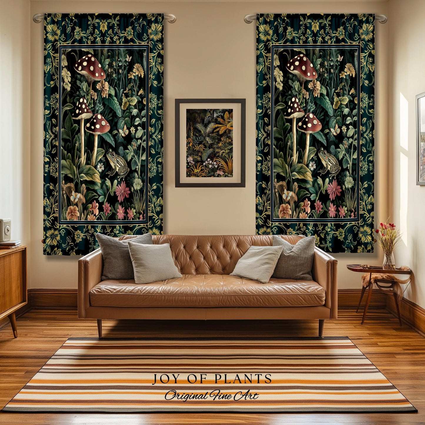 Fairytale Forest Mushroom Frog Curtain | Trendy Aesthetic Cottagecore Botanical Curtain for Emerald Green Bathroom Funky Woodland Drapes |