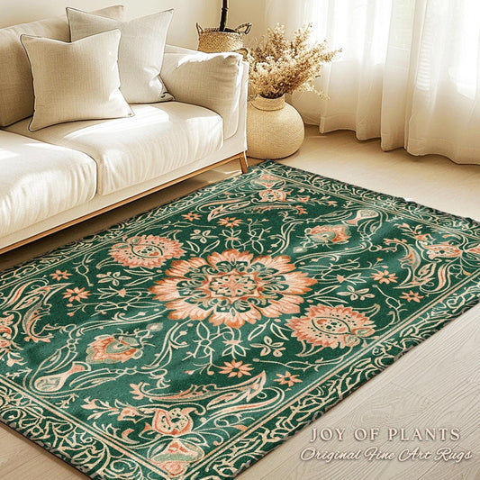 Statement Rug for Living Room | Emerald Green Aesthetic Maximalist Room Decor Classic Ornate Victorian Rug Nordic Accent for Elegant Bedroom