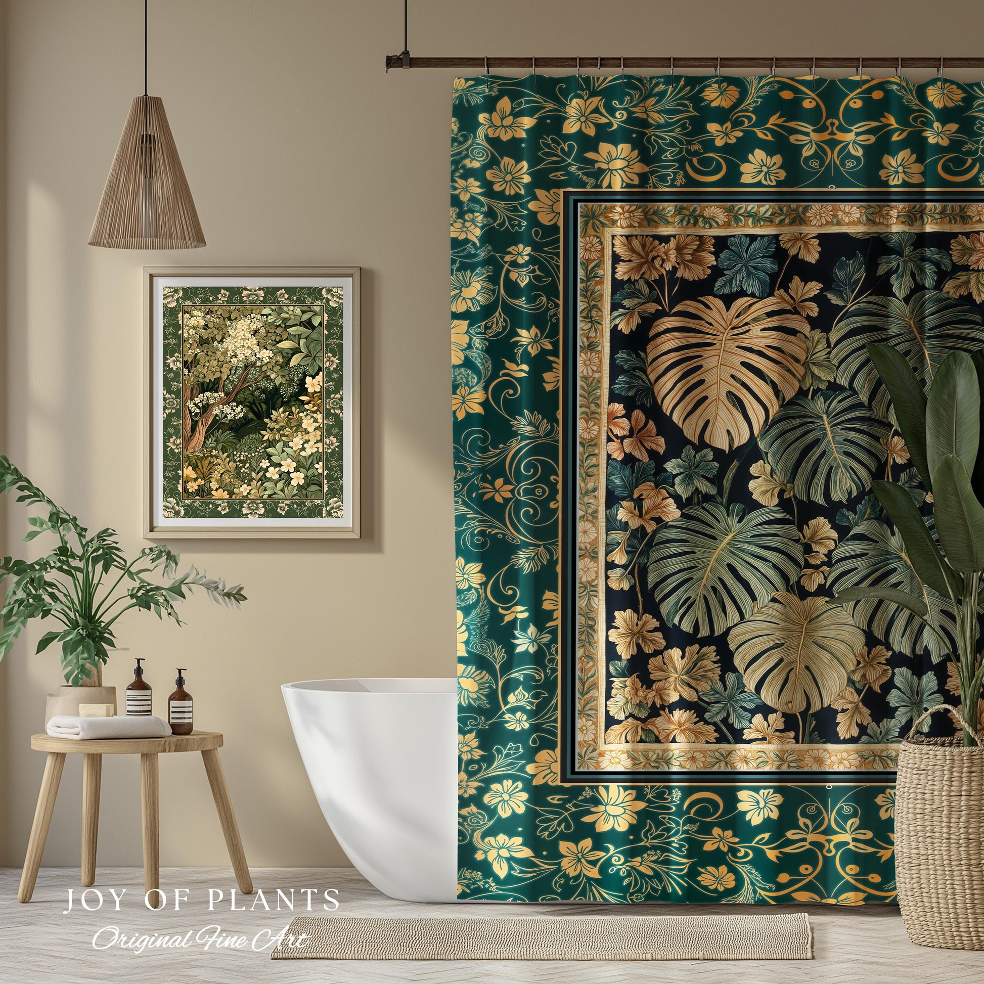 Enchanted Grove Botanical Shower Curtain | Forestcore Home Decor Cottagecore Maximalist Whimsical Monstera Vibes Trendy Bathroom Artwork |