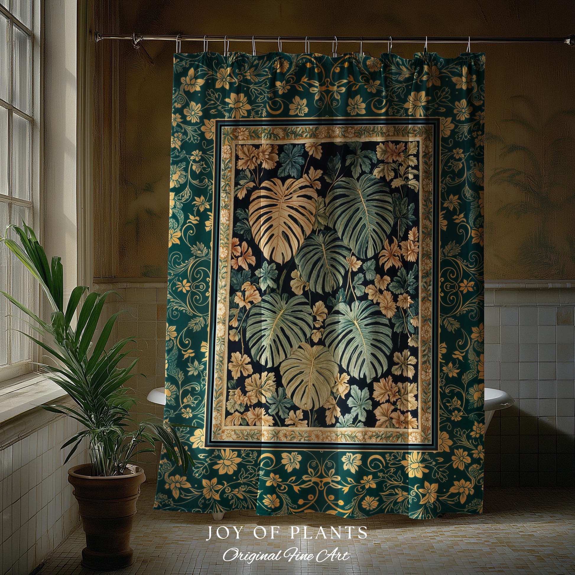 Enchanted Grove Botanical Shower Curtain | Forestcore Home Decor Cottagecore Maximalist Whimsical Monstera Vibes Trendy Bathroom Artwork |