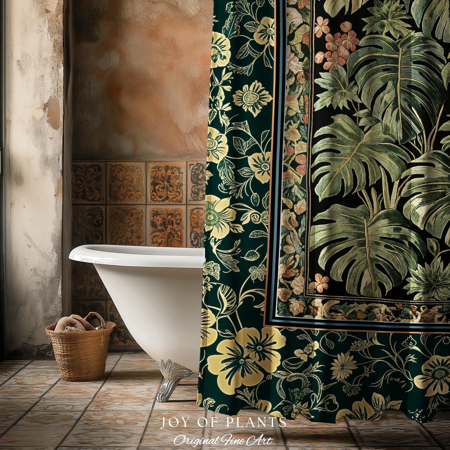 Verdant Flora Jungle Leaves Shower Curtain | Maximalist Forestcore Whimsical Plant Themed Bathroom Monstera Cottagecore Inspired Home Decor