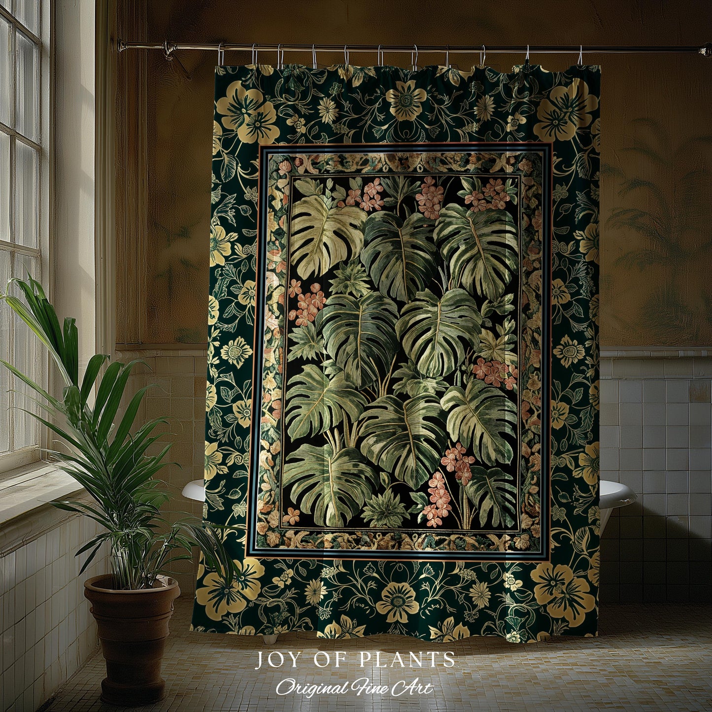 Verdant Flora Jungle Leaves Shower Curtain | Maximalist Forestcore Whimsical Plant Themed Bathroom Monstera Cottagecore Inspired Home Decor