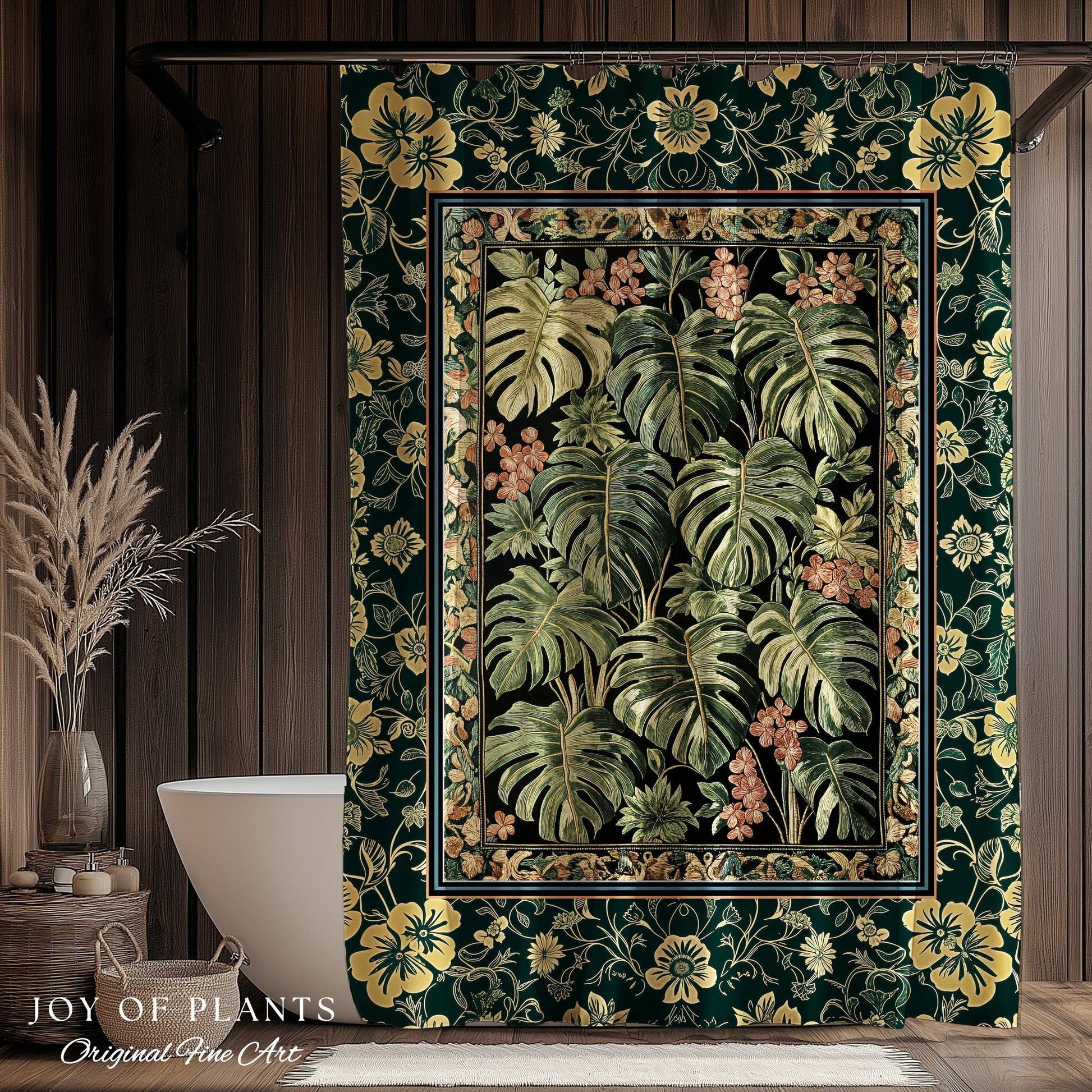 Verdant Flora Jungle Leaves Shower Curtain | Maximalist Forestcore Whimsical Plant Themed Bathroom Monstera Cottagecore Inspired Home Decor