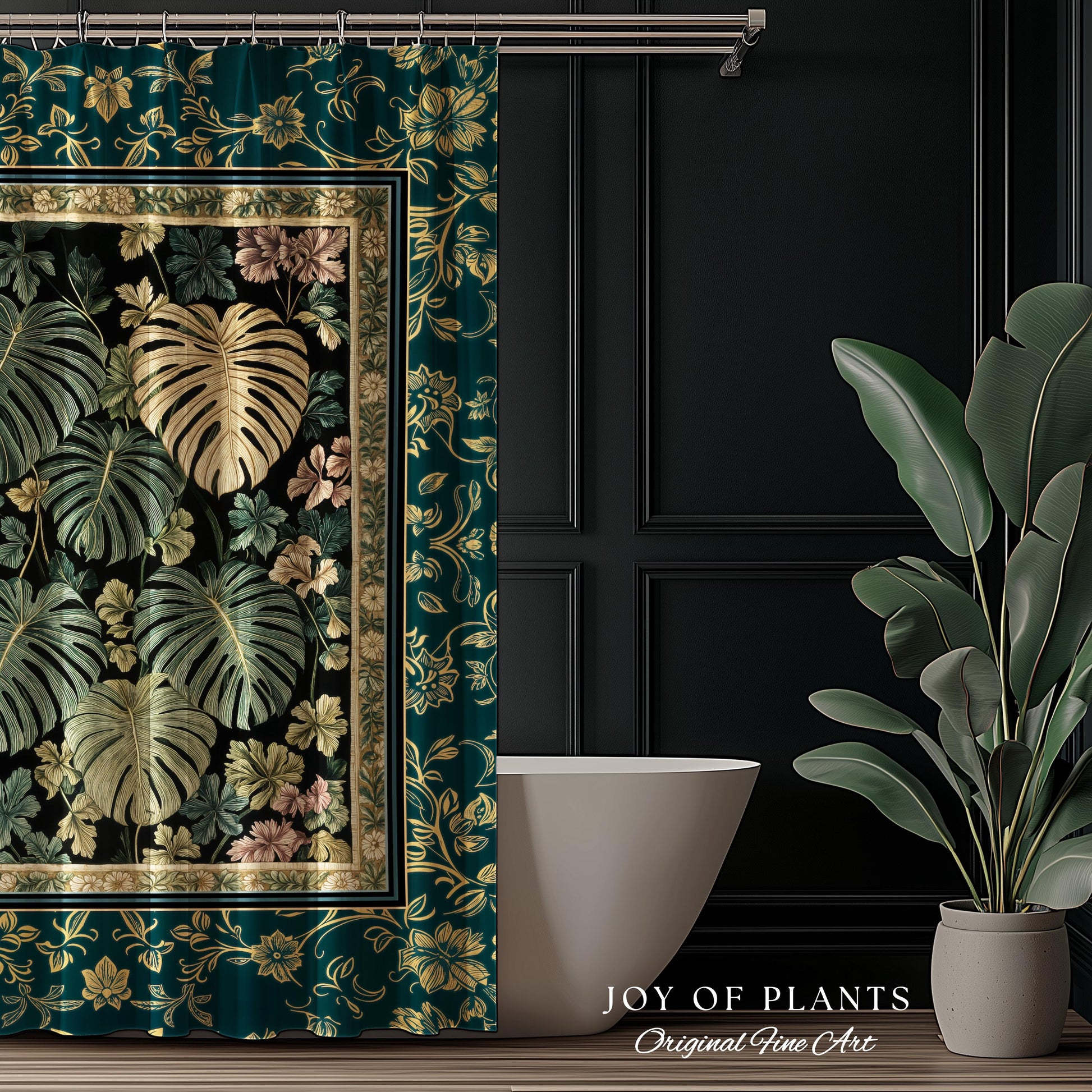Botanical Cozy Shower Curtain Maximalist Jungle | Plant Lady Decor Monstera Deliciosa Bathroom Woodland Magical Dark Academia Emerald Style
