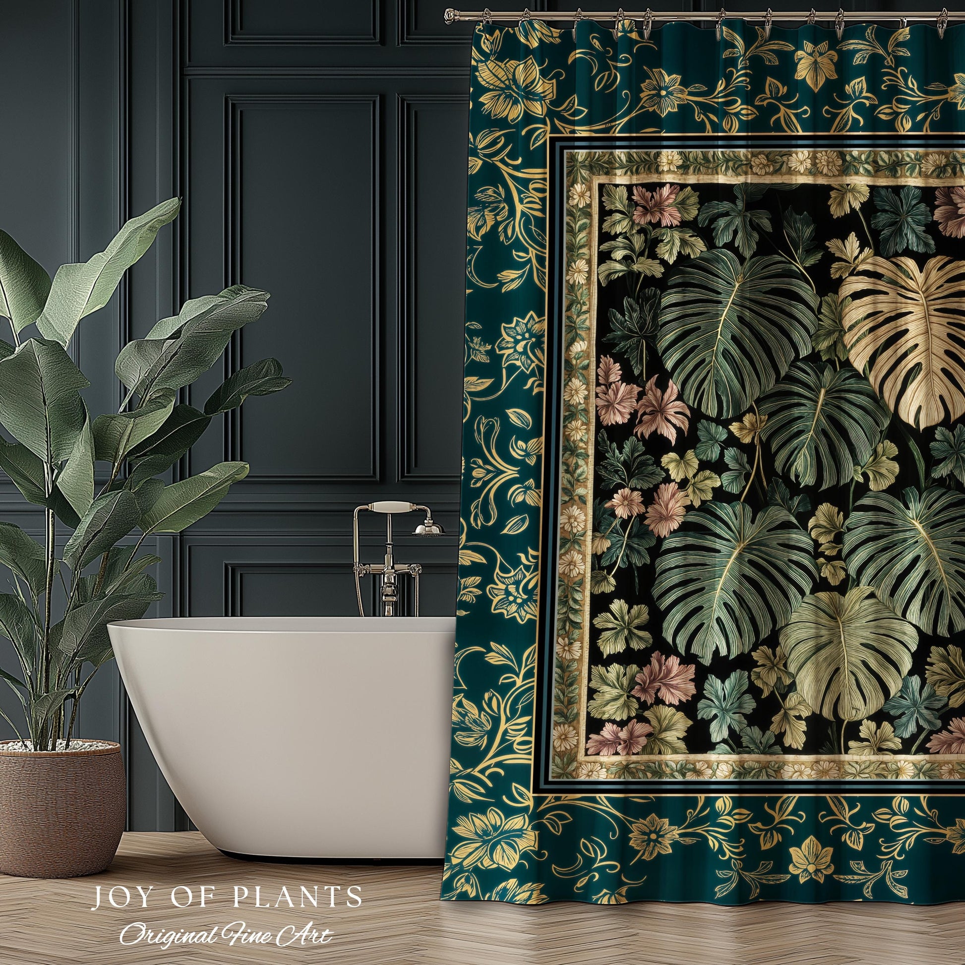 Botanical Cozy Shower Curtain Maximalist Jungle | Plant Lady Decor Monstera Deliciosa Bathroom Woodland Magical Dark Academia Emerald Style