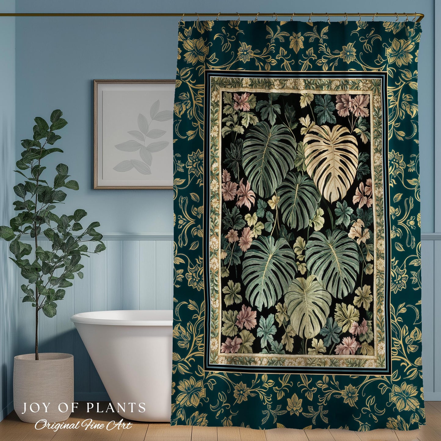 Botanical Cozy Shower Curtain Maximalist Jungle | Plant Lady Decor Monstera Deliciosa Bathroom Woodland Magical Dark Academia Emerald Style
