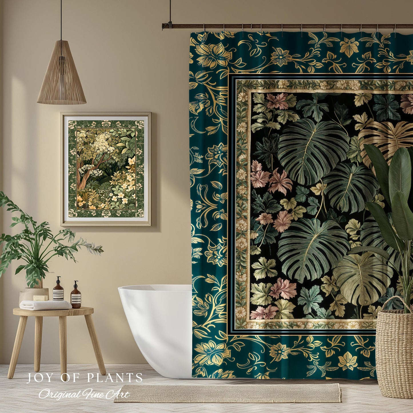 Botanical Cozy Shower Curtain Maximalist Jungle | Plant Lady Decor Monstera Deliciosa Bathroom Woodland Magical Dark Academia Emerald Style