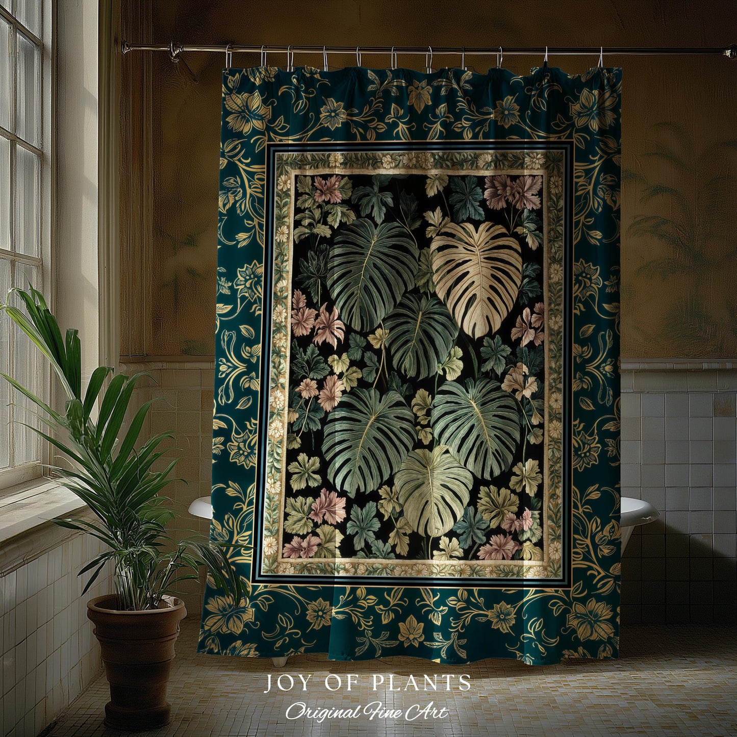 Botanical Cozy Shower Curtain Maximalist Jungle | Plant Lady Decor Monstera Deliciosa Bathroom Woodland Magical Dark Academia Emerald Style