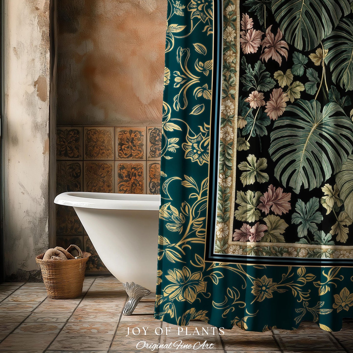 Botanical Cozy Shower Curtain Maximalist Jungle | Plant Lady Decor Monstera Deliciosa Bathroom Woodland Magical Dark Academia Emerald Style