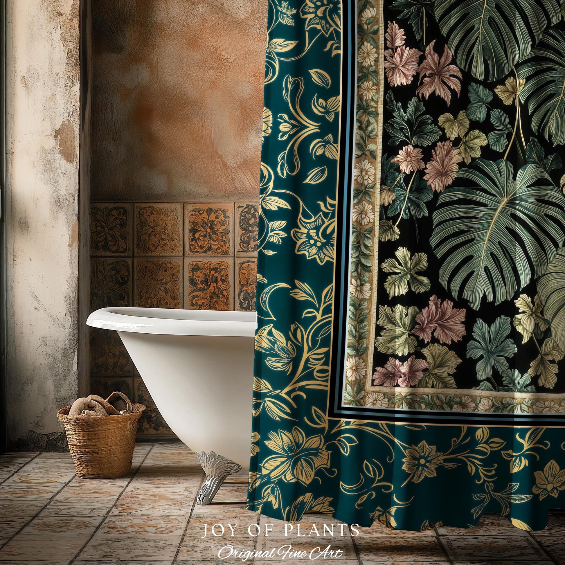 Botanical Cozy Shower Curtain Maximalist Jungle | Plant Lady Decor Monstera Deliciosa Bathroom Woodland Magical Dark Academia Emerald Style