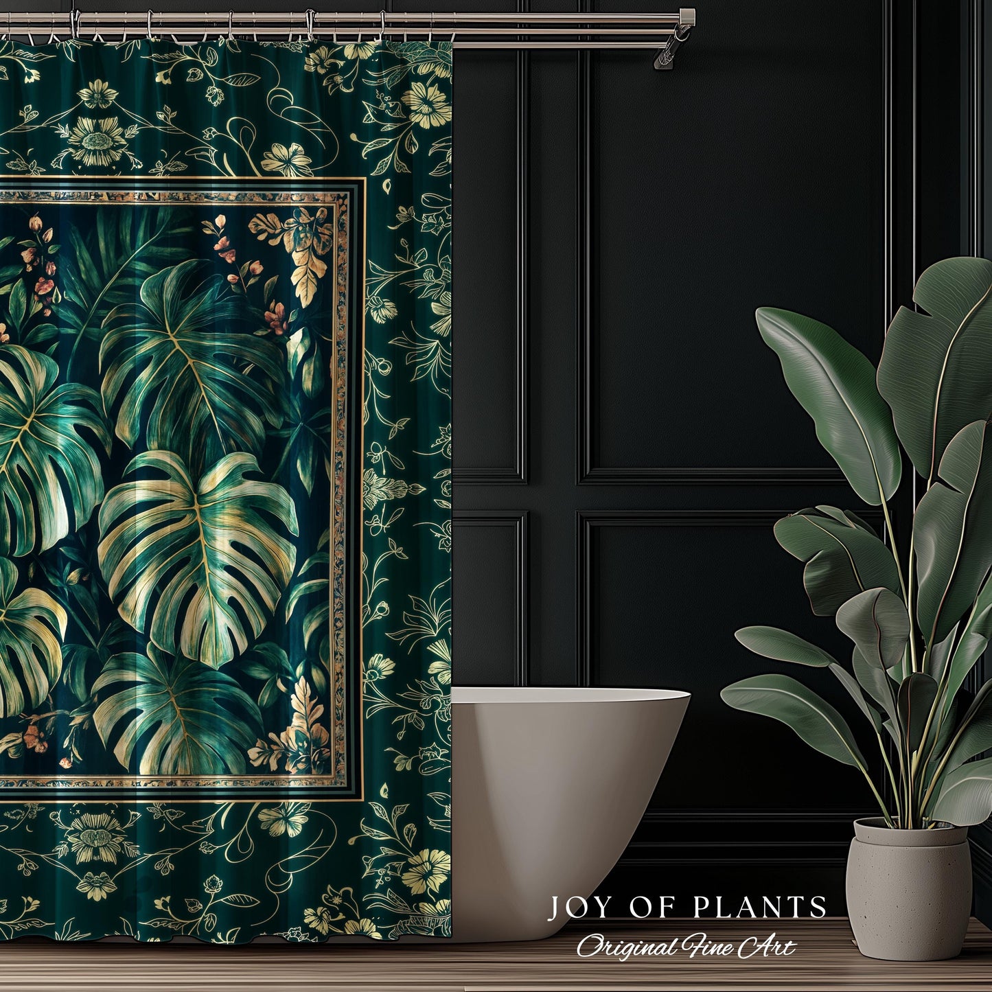 Jungle Inspired Emerald Green Shower Curtain | Monstera Moody Bathroom Trendy Tropigoth Bath Room Accent Botanical Gothic Dark Academia |