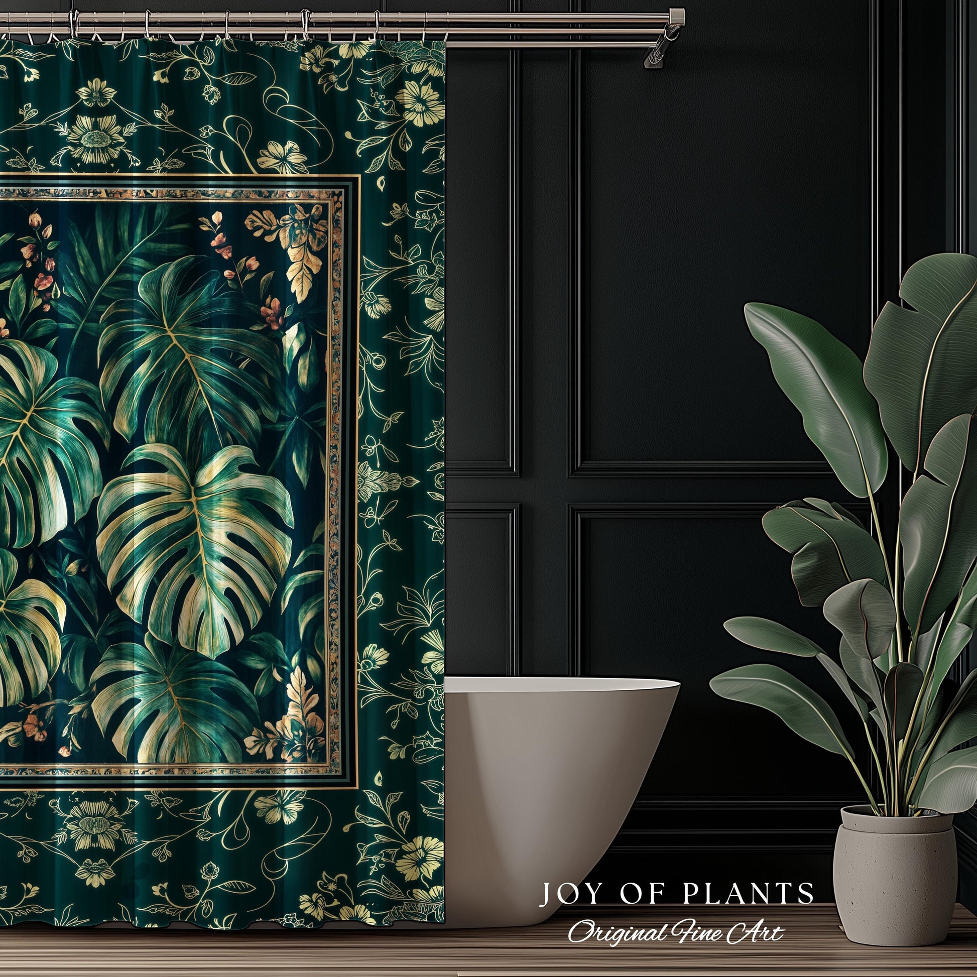 Jungle Inspired Emerald Green Shower Curtain | Monstera Moody Bathroom Trendy Tropigoth Bath Room Accent Botanical Gothic Dark Academia |