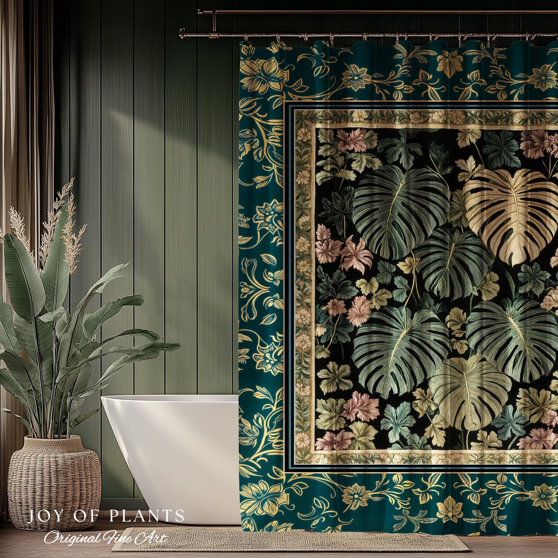 Botanical Cozy Shower Curtain Maximalist Jungle | Plant Lady Decor Monstera Deliciosa Bathroom Woodland Magical Dark Academia Emerald Style