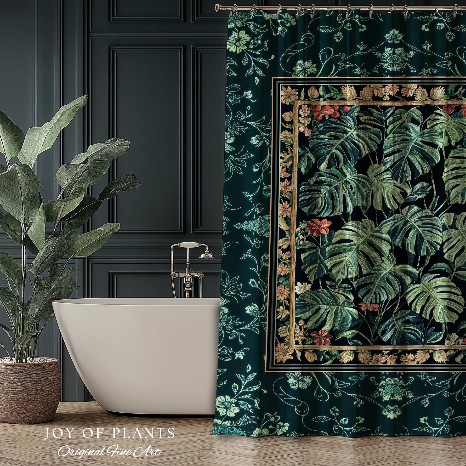 Dark Woodland Maximalist Monstera Shower Curtain | Tropigoth Botanical Bathroom Houseplant Lover Forestcore Costal Aesthetic Emerald Green |