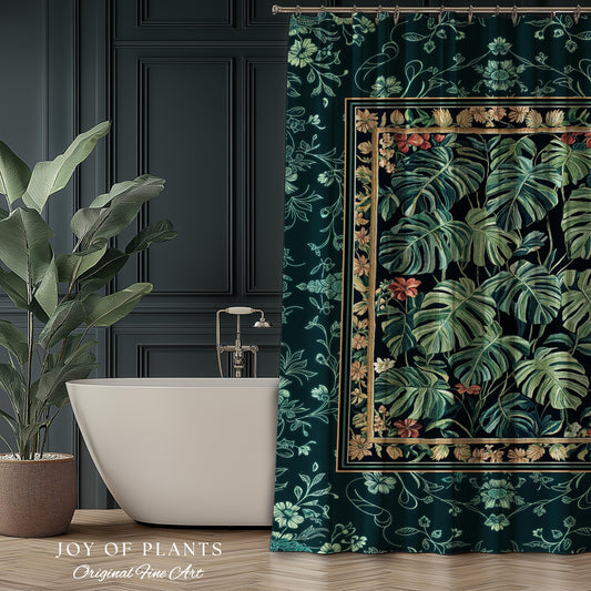 Dark Woodland Maximalist Monstera Shower Curtain | Tropigoth Botanical Bathroom Houseplant Lover Forestcore Costal Aesthetic Emerald Green |
