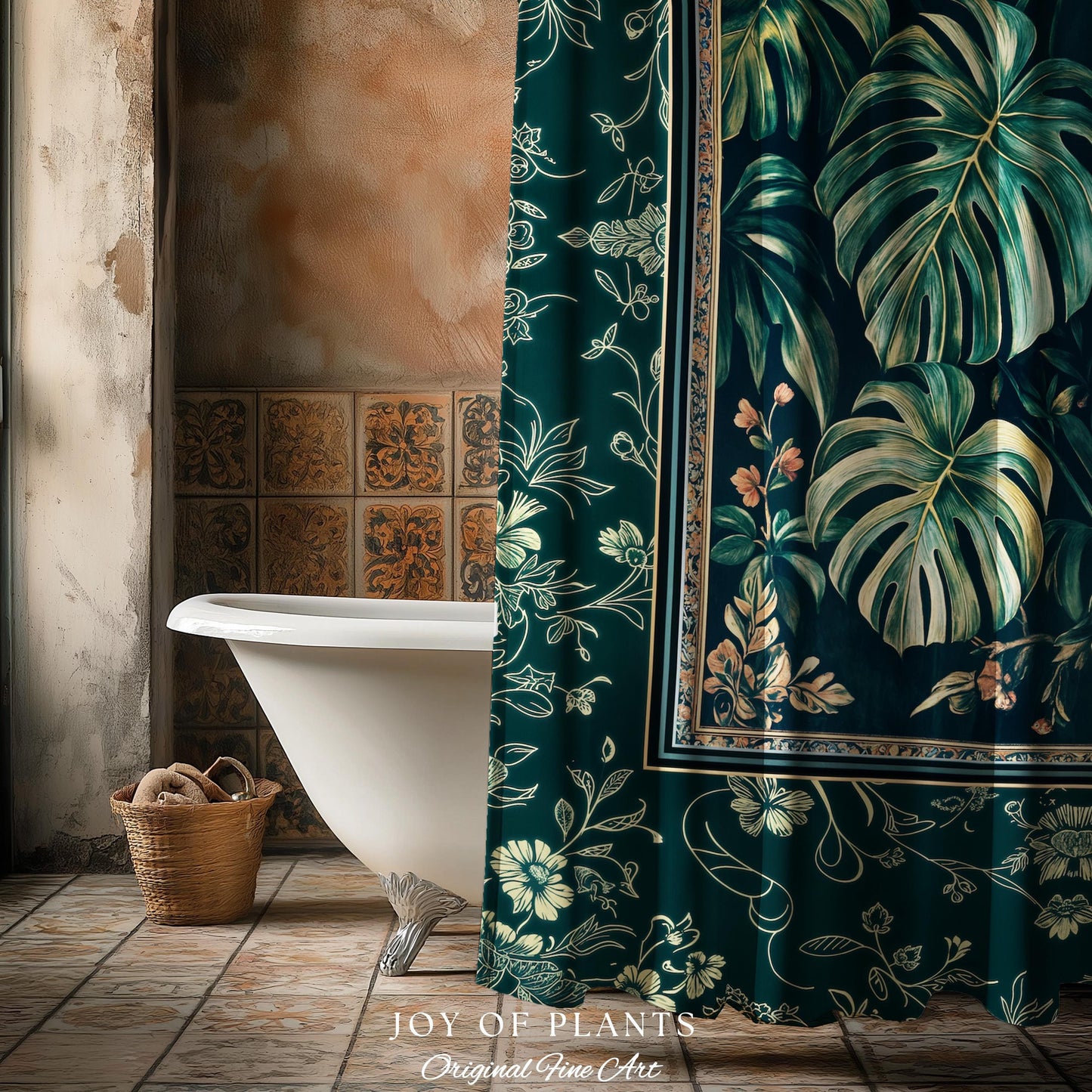 Jungle Inspired Emerald Green Shower Curtain | Monstera Moody Bathroom Trendy Tropigoth Bath Room Accent Botanical Gothic Dark Academia |