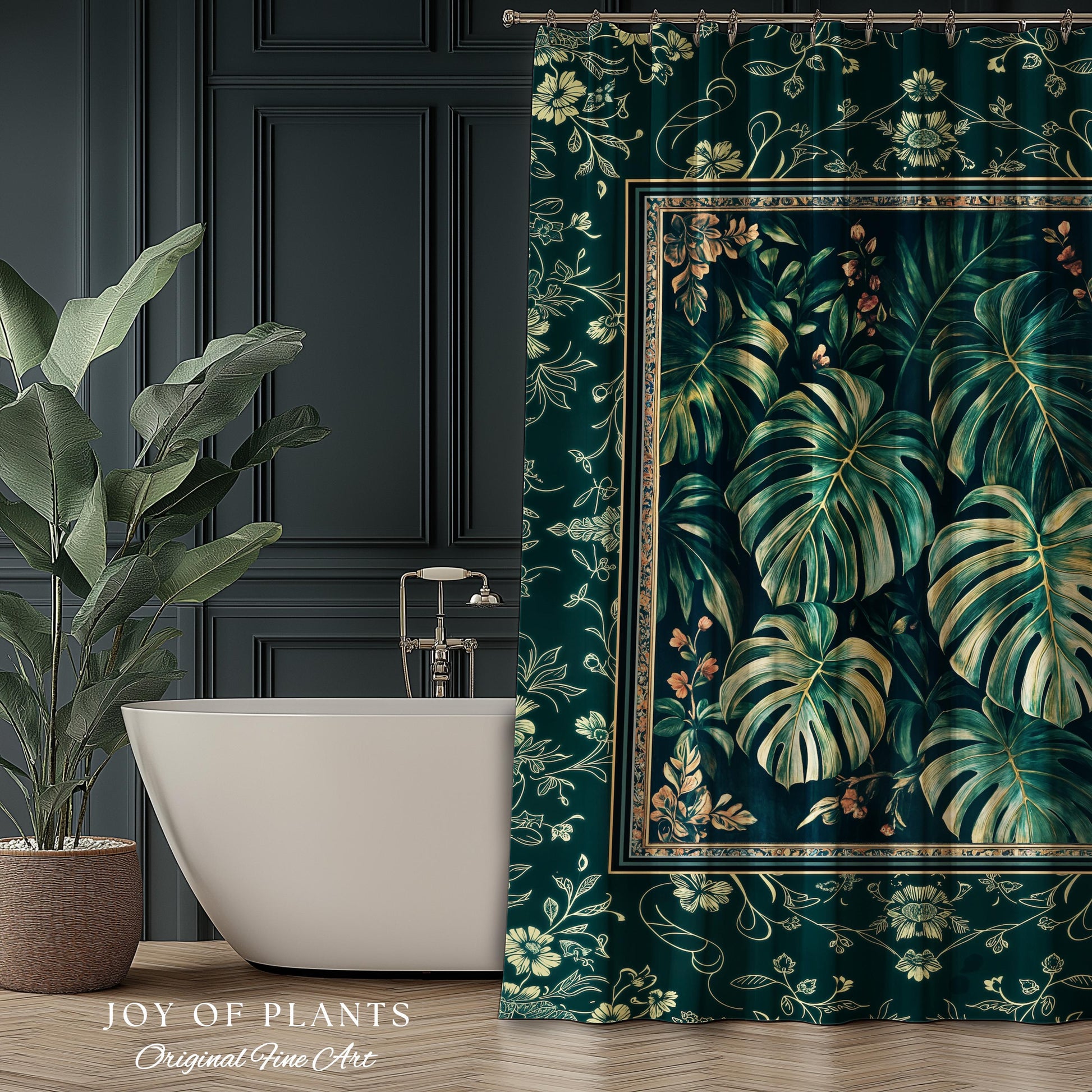 Jungle Inspired Emerald Green Shower Curtain | Monstera Moody Bathroom Trendy Tropigoth Bath Room Accent Botanical Gothic Dark Academia |
