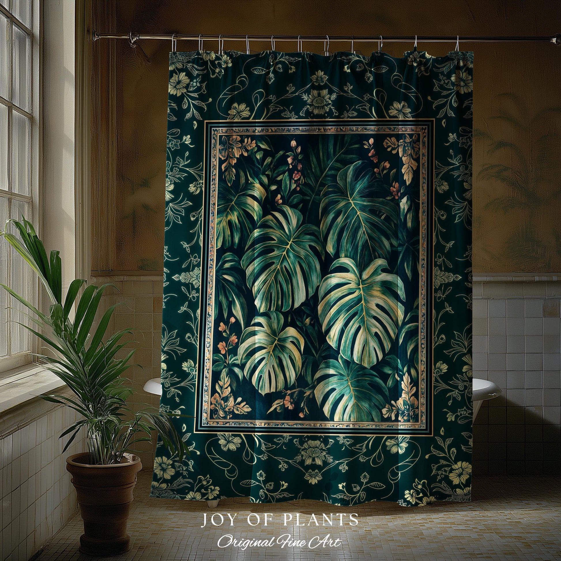 Jungle Inspired Emerald Green Shower Curtain | Monstera Moody Bathroom Trendy Tropigoth Bath Room Accent Botanical Gothic Dark Academia |