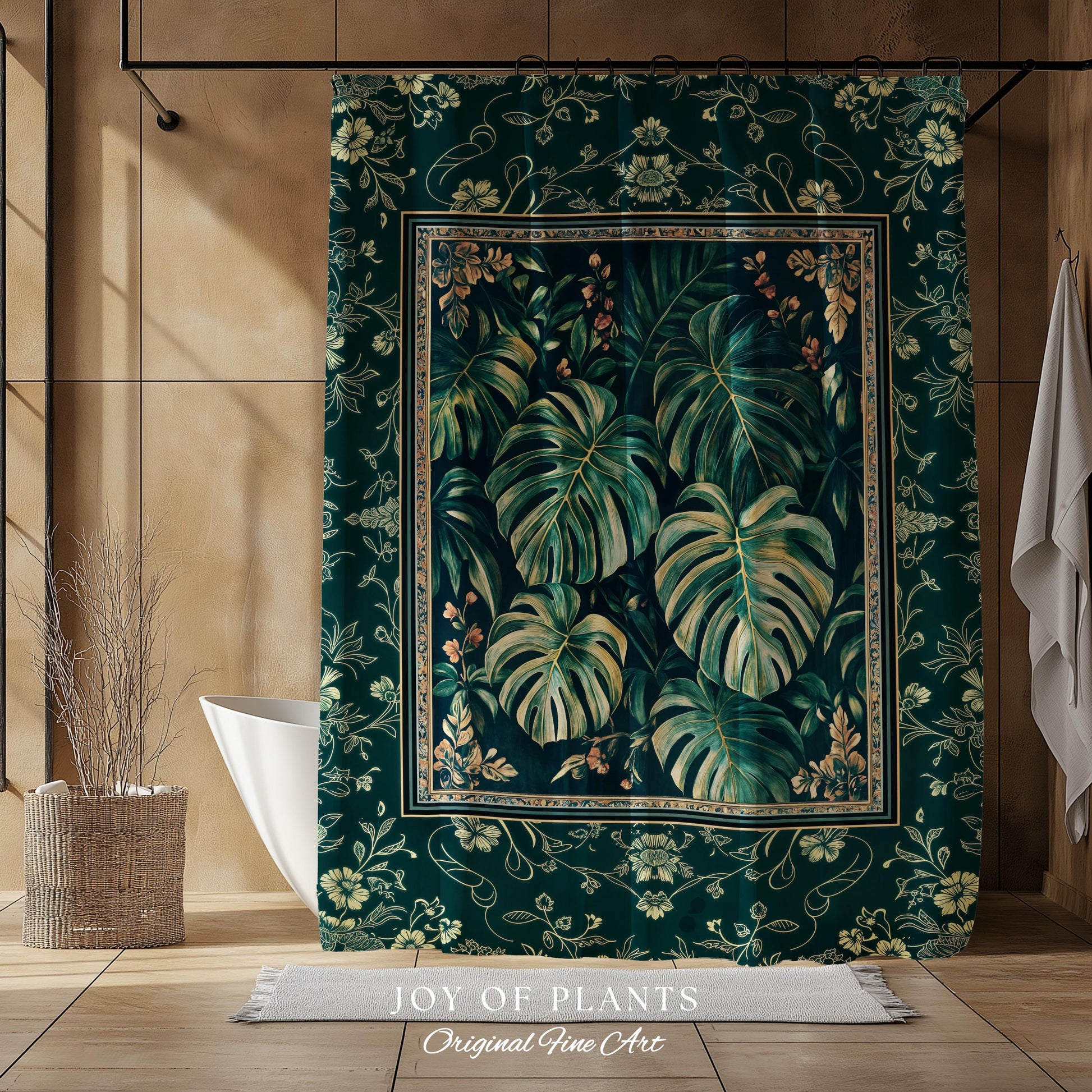 Jungle Inspired Emerald Green Shower Curtain | Monstera Moody Bathroom Trendy Tropigoth Bath Room Accent Botanical Gothic Dark Academia |