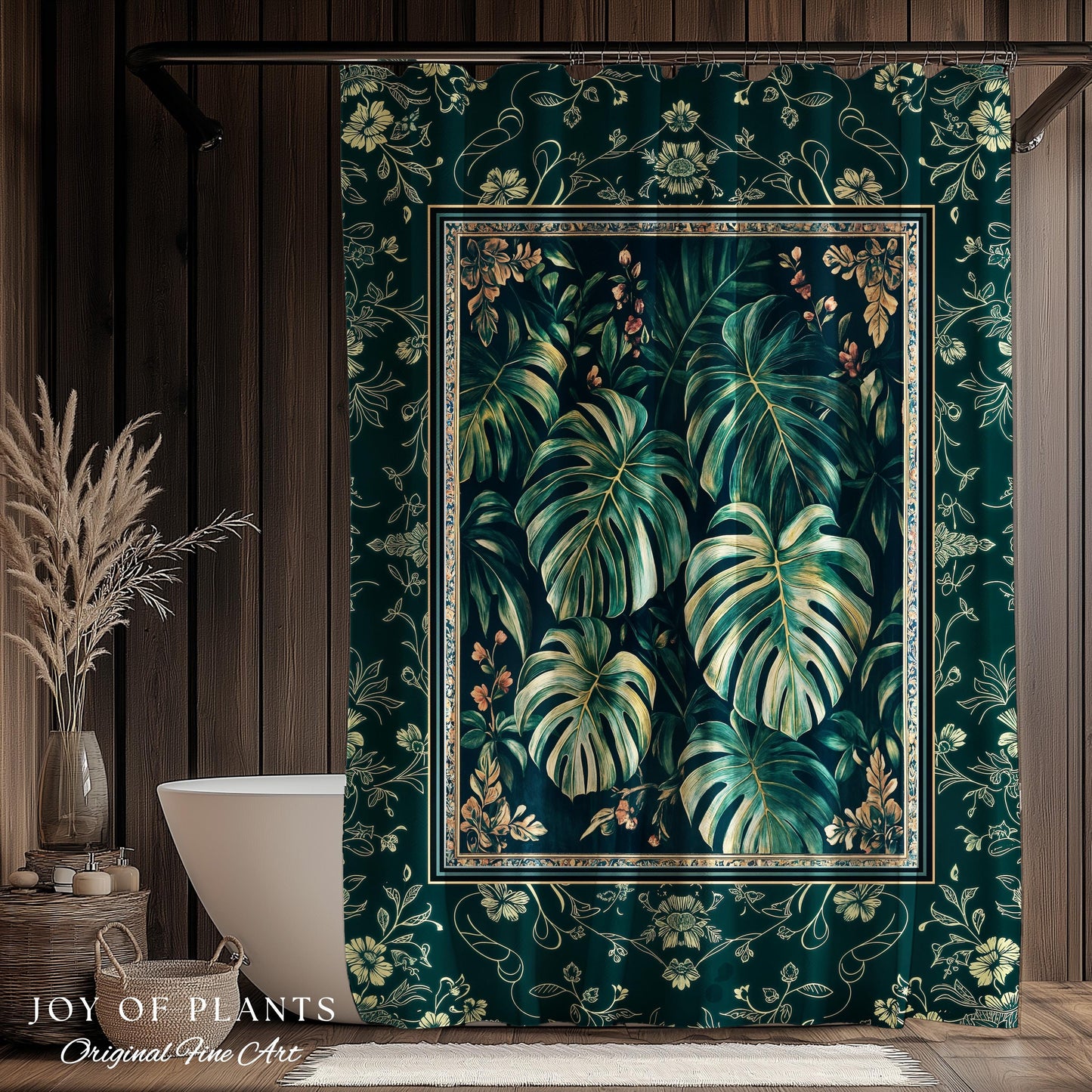 Jungle Inspired Emerald Green Shower Curtain | Monstera Moody Bathroom Trendy Tropigoth Bath Room Accent Botanical Gothic Dark Academia |