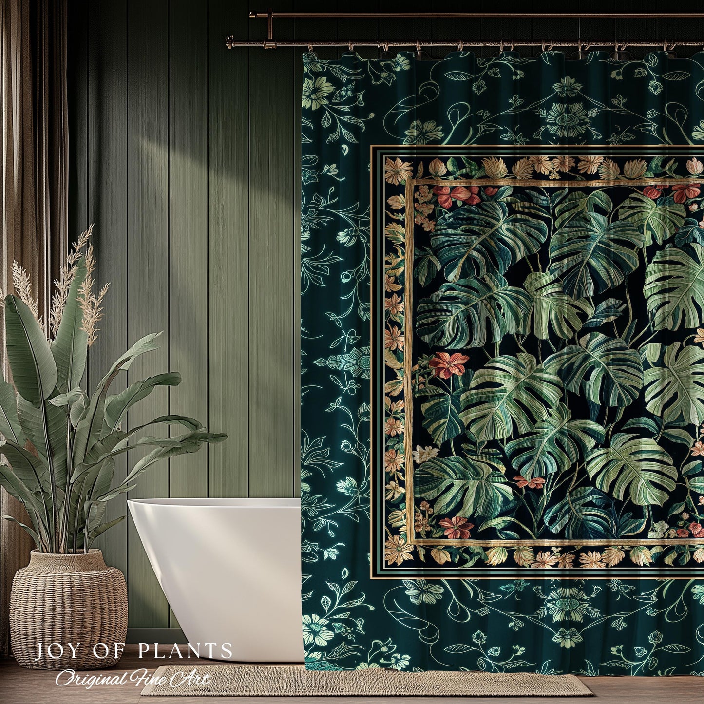 Dark Woodland Maximalist Monstera Shower Curtain | Tropigoth Botanical Bathroom Houseplant Lover Forestcore Costal Aesthetic Emerald Green |