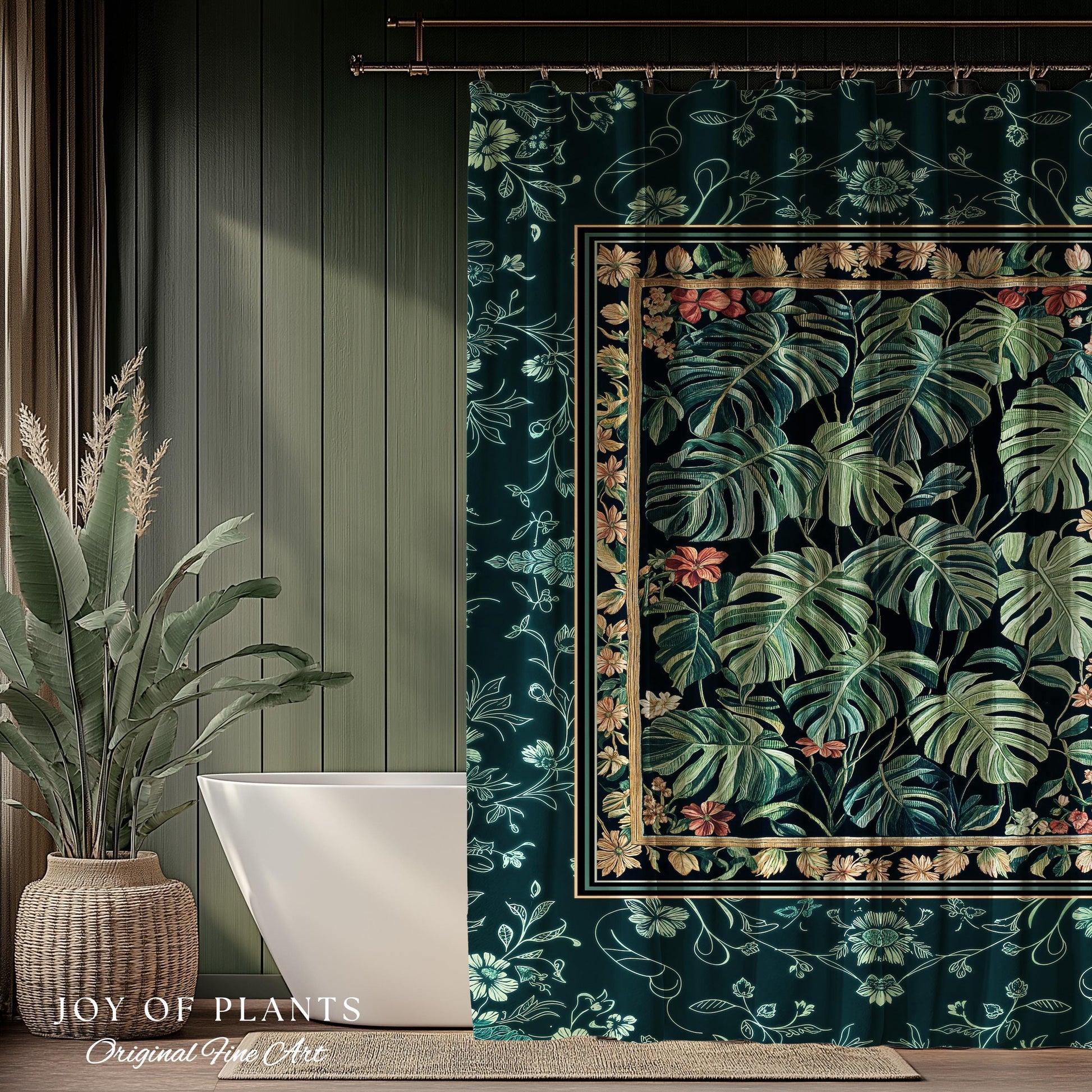 Dark Woodland Maximalist Monstera Shower Curtain | Tropigoth Botanical Bathroom Houseplant Lover Forestcore Costal Aesthetic Emerald Green |