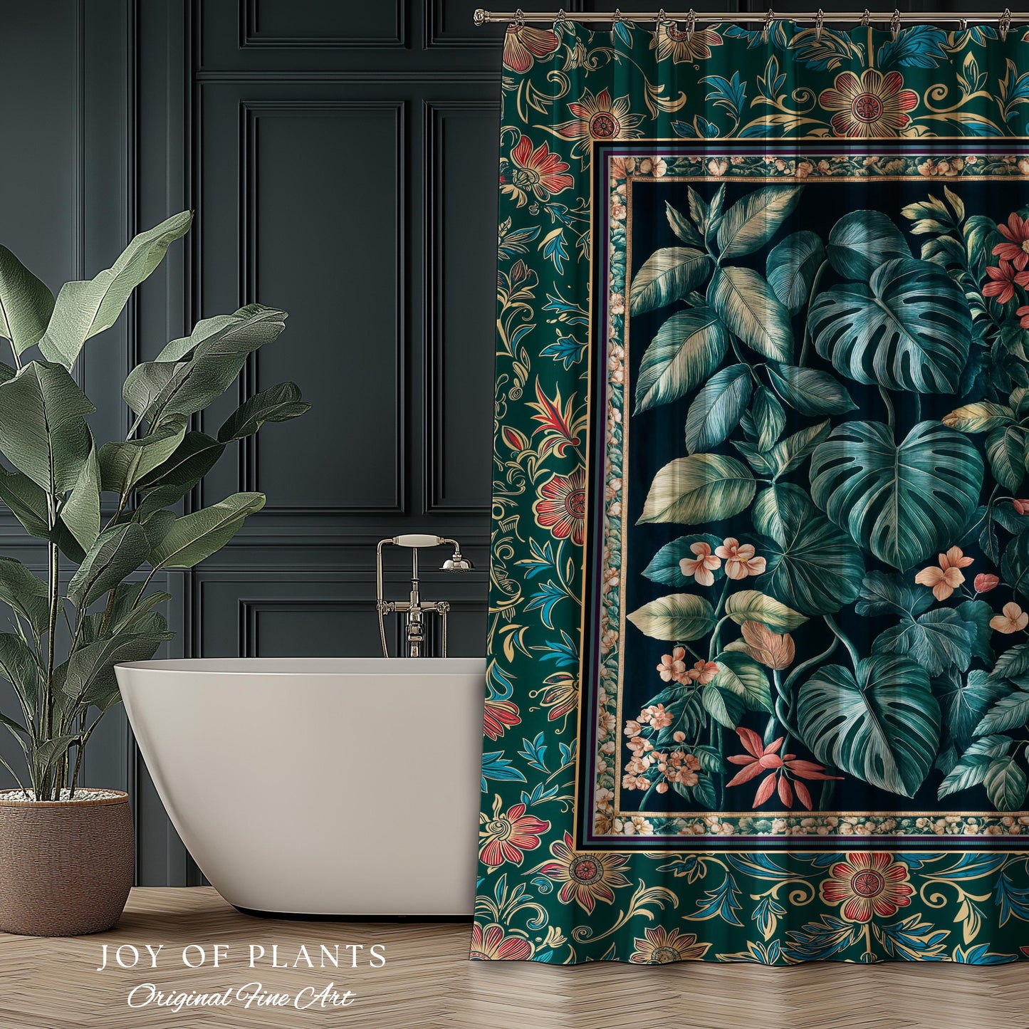 Elegant Botanicals Dark Forestcore Shower Curtain | Woodland Fairycore Tapestry Dark Cottagecore Vintage Style Moody Bathroom Teal Aesthetic