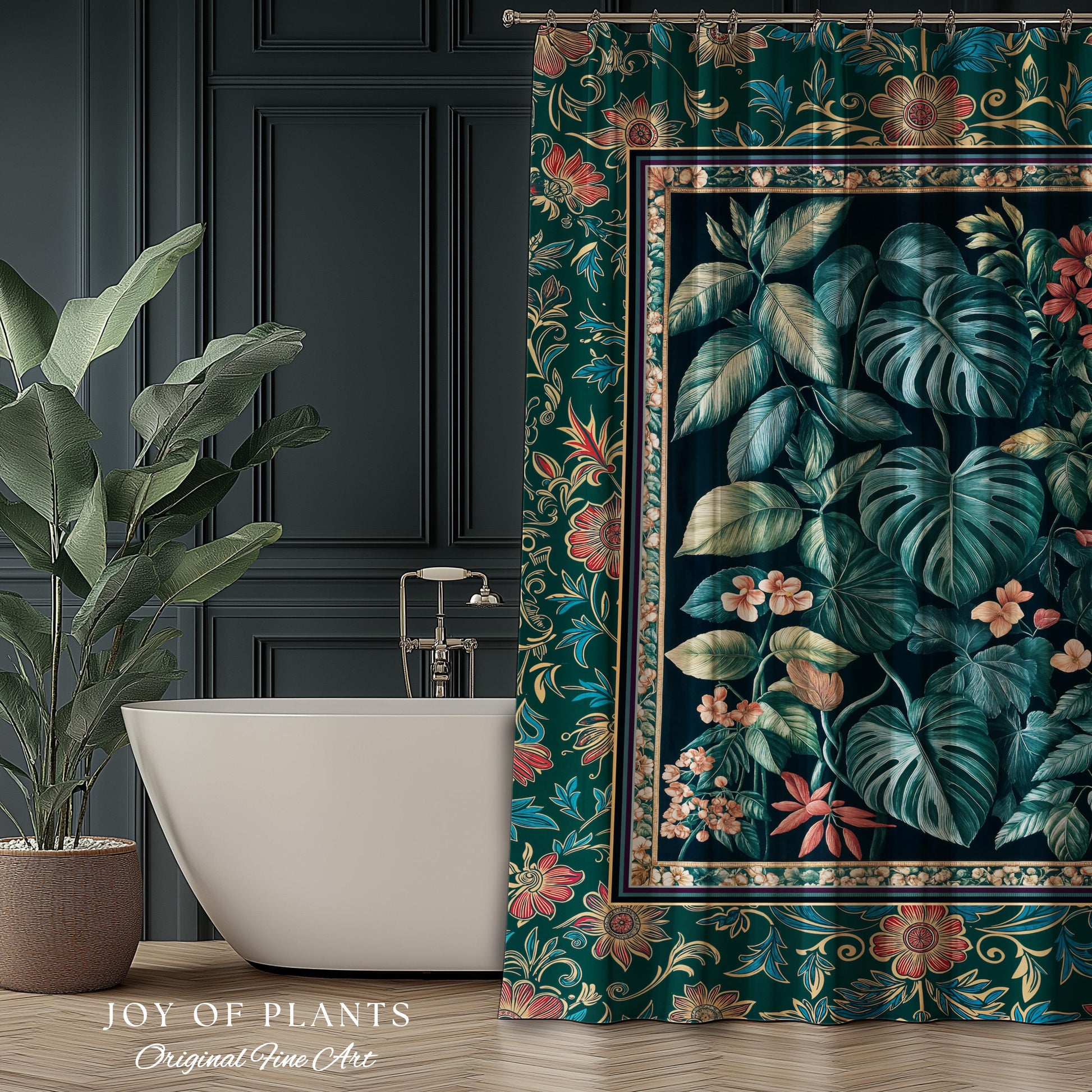 Elegant Botanicals Dark Forestcore Shower Curtain | Woodland Fairycore Tapestry Dark Cottagecore Vintage Style Moody Bathroom Teal Aesthetic