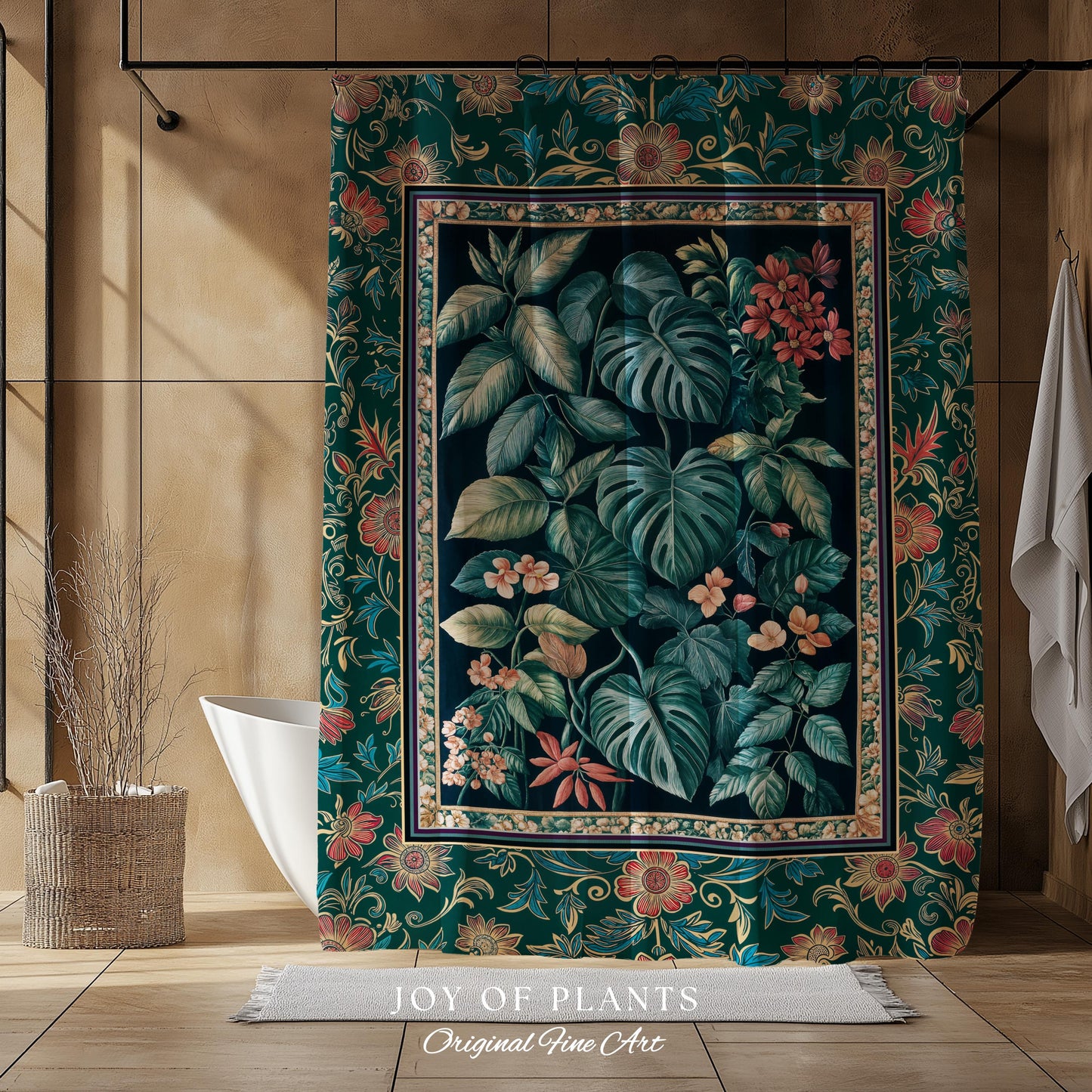 Elegant Botanicals Dark Forestcore Shower Curtain | Woodland Fairycore Tapestry Dark Cottagecore Vintage Style Moody Bathroom Teal Aesthetic