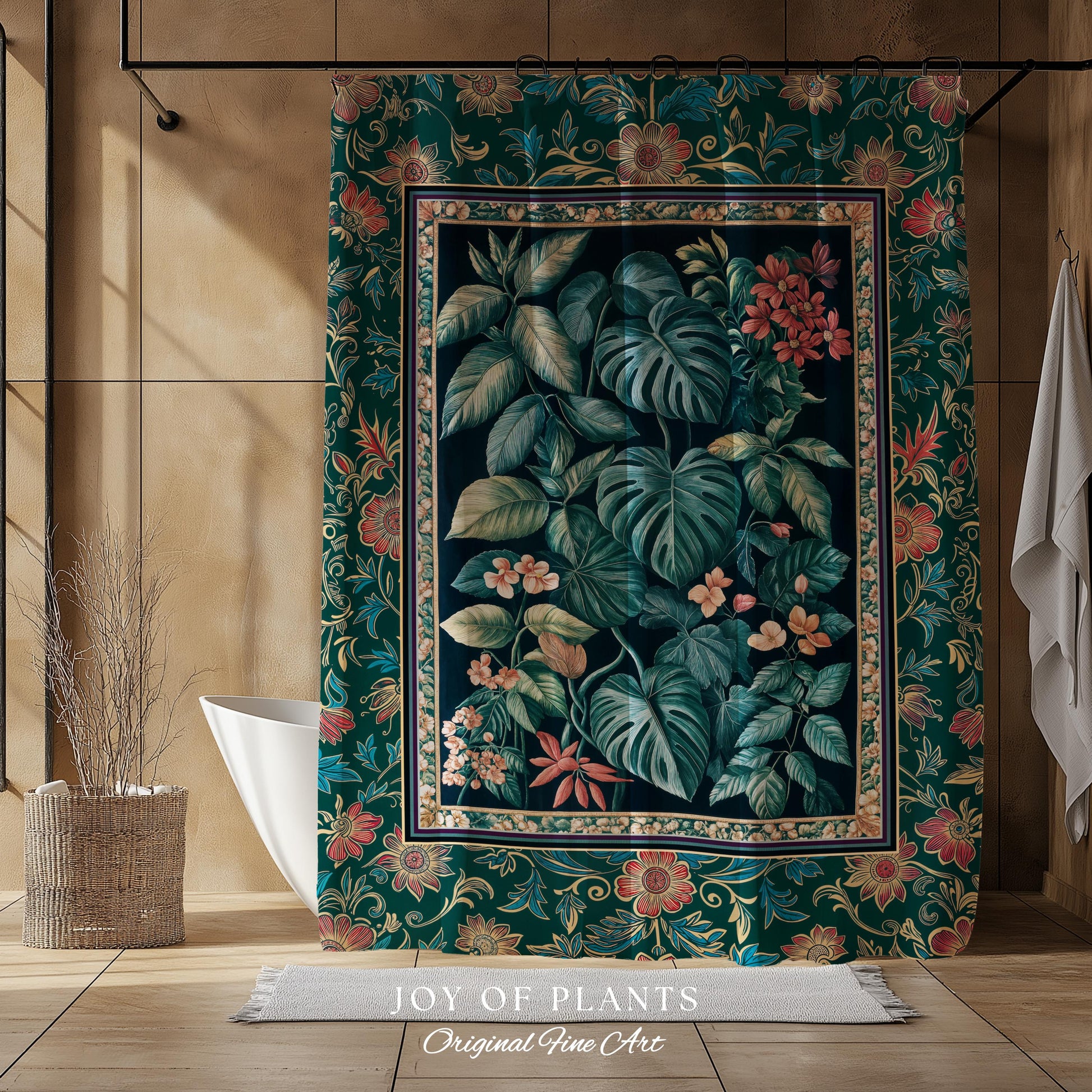 Elegant Botanicals Dark Forestcore Shower Curtain | Woodland Fairycore Tapestry Dark Cottagecore Vintage Style Moody Bathroom Teal Aesthetic