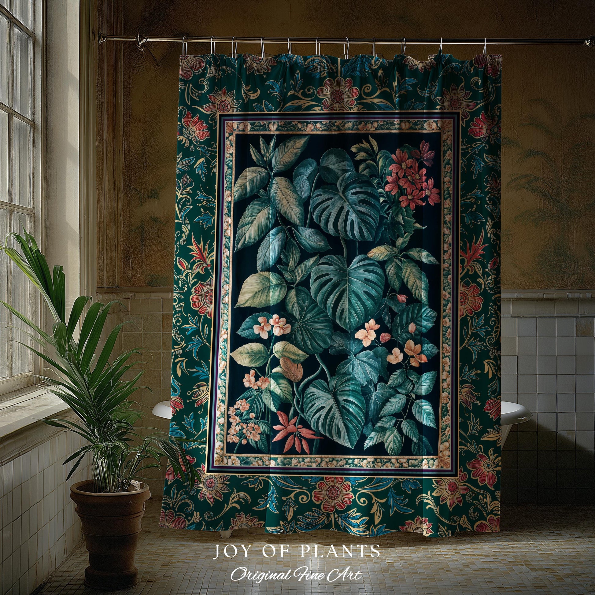 Elegant Botanicals Dark Forestcore Shower Curtain | Woodland Fairycore Tapestry Dark Cottagecore Vintage Style Moody Bathroom Teal Aesthetic