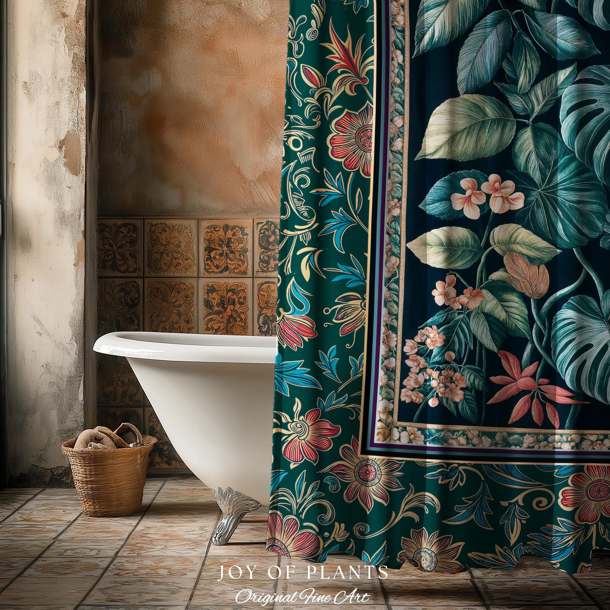 Elegant Botanicals Dark Forestcore Shower Curtain | Woodland Fairycore Tapestry Dark Cottagecore Vintage Style Moody Bathroom Teal Aesthetic