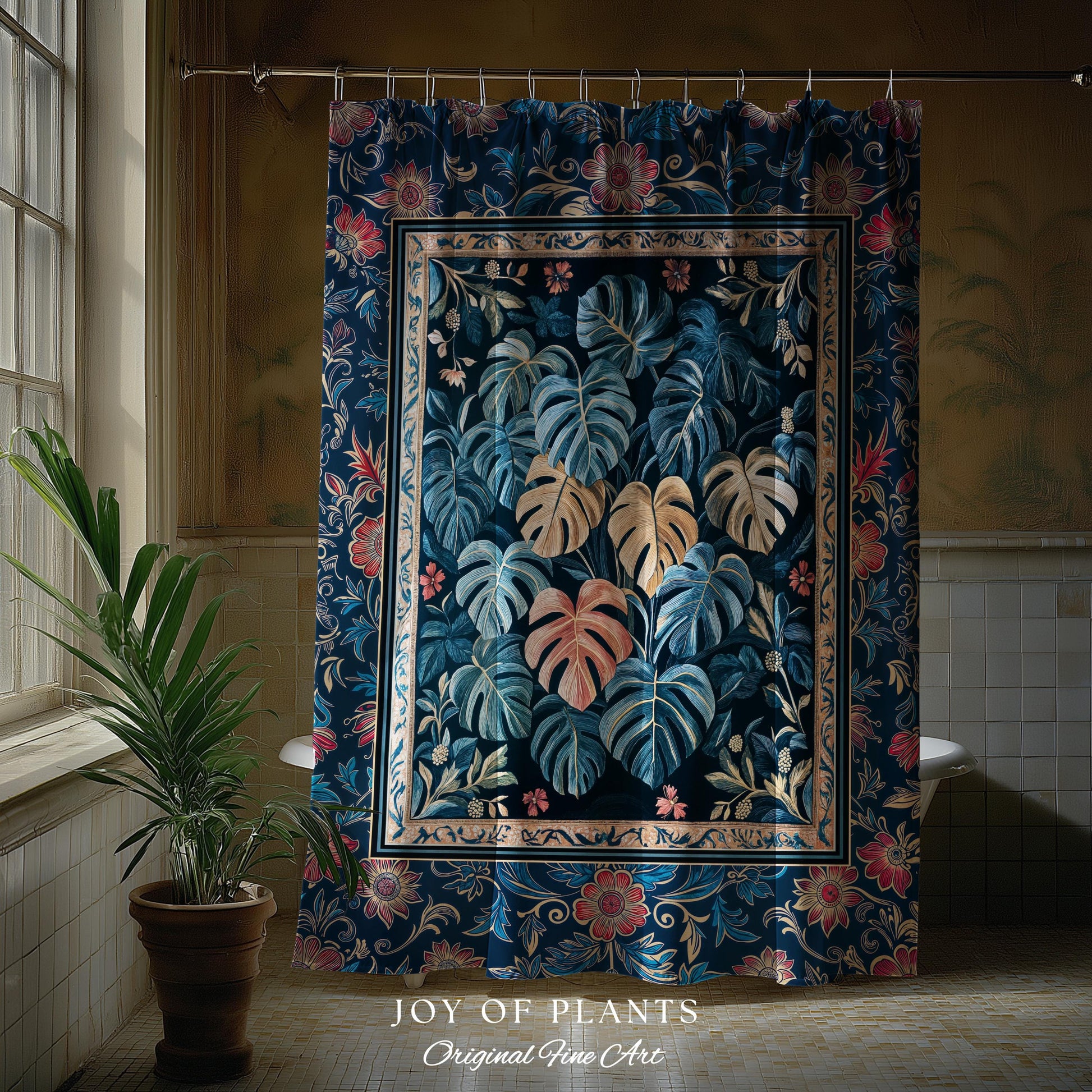 Serene Monstera Forest Shower Curtain | Enchanted Tropigoth Bathroom Whimsical Cottagecore Houseplant Lover Mystic Aesthetic Boho Colorful |