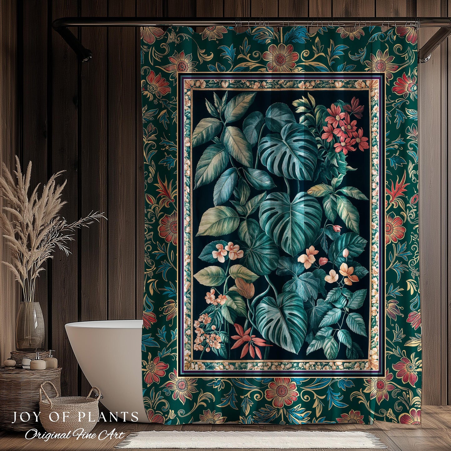 Elegant Botanicals Dark Forestcore Shower Curtain | Woodland Fairycore Tapestry Dark Cottagecore Vintage Style Moody Bathroom Teal Aesthetic