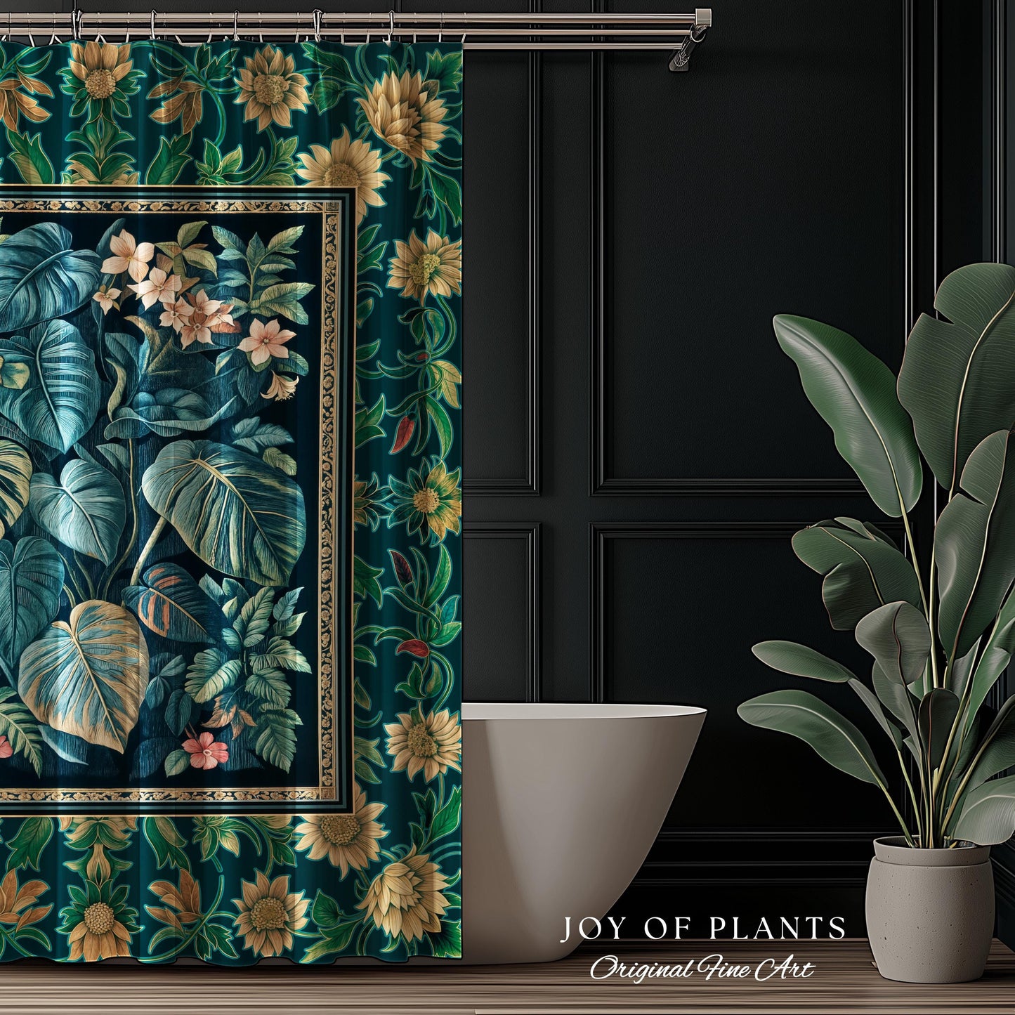Ethereal Botanicals Shower Curtain | Houseplant Bathroom Monstera Maximalist Leaf Decor Dark Academia Aesthetic Tropical Emerald Leaves |