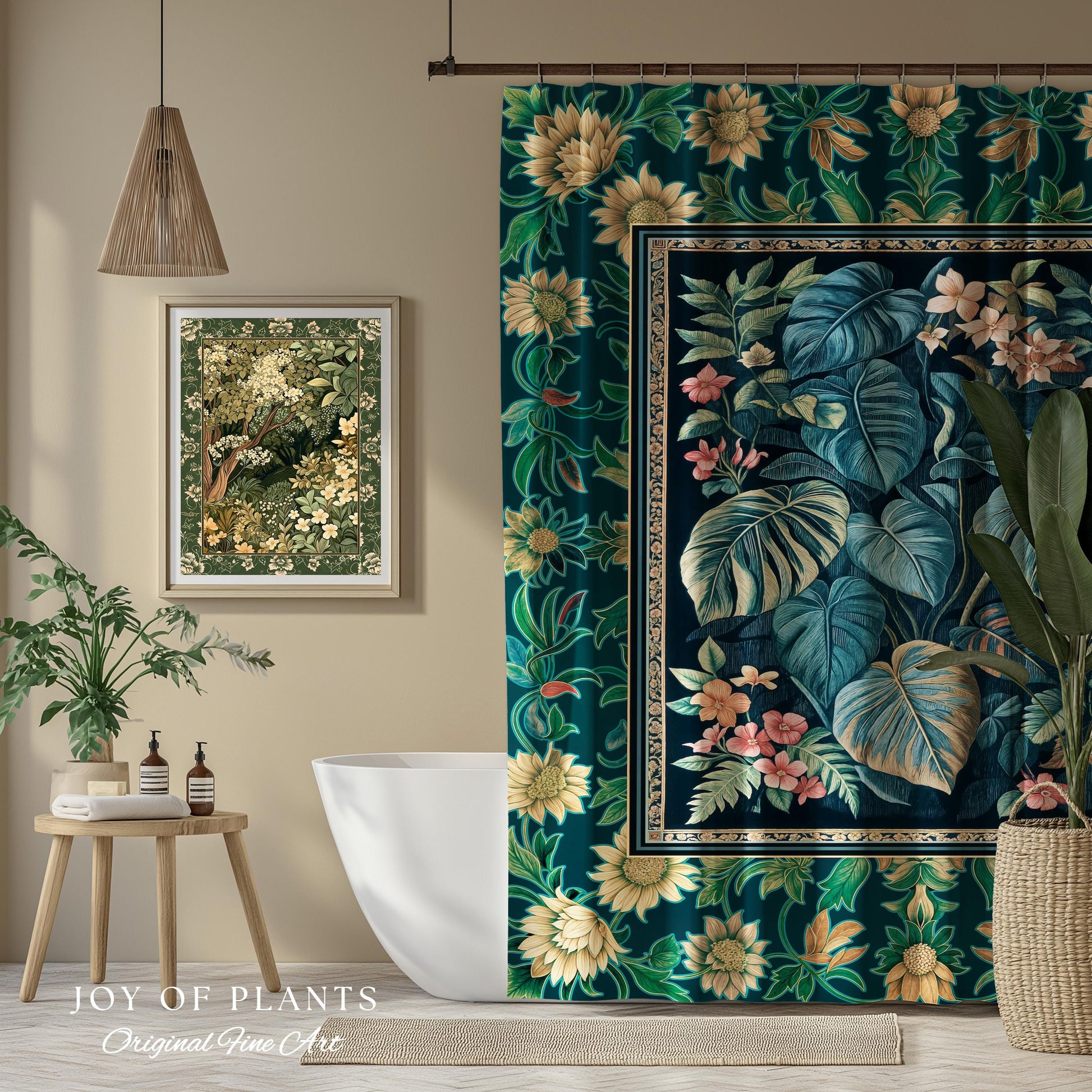 Ethereal Botanicals Shower Curtain | Houseplant Bathroom Monstera Maximalist Leaf Decor Dark Academia Aesthetic Tropical Emerald Leaves |